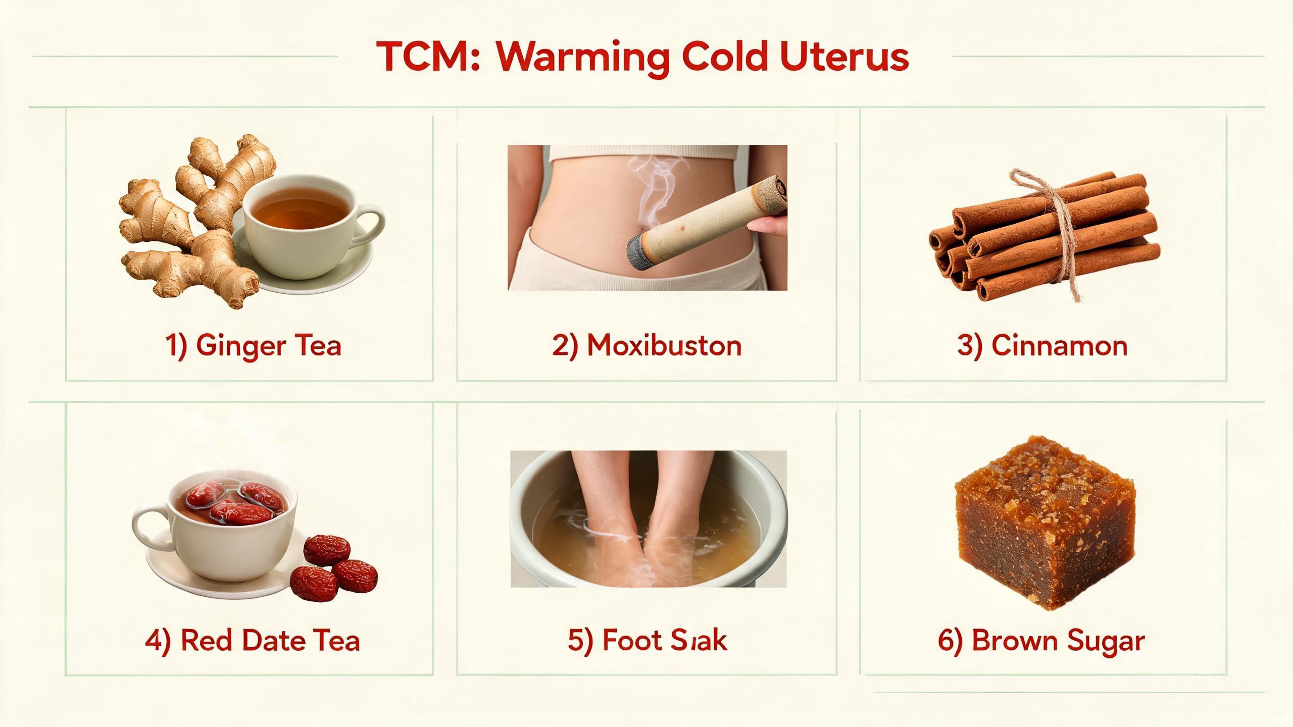 Warming TCM food ingredients for cold uterus including dried longan, red dates, fresh ginger, brown sugar, and walnuts arranged on a warm wooden surface