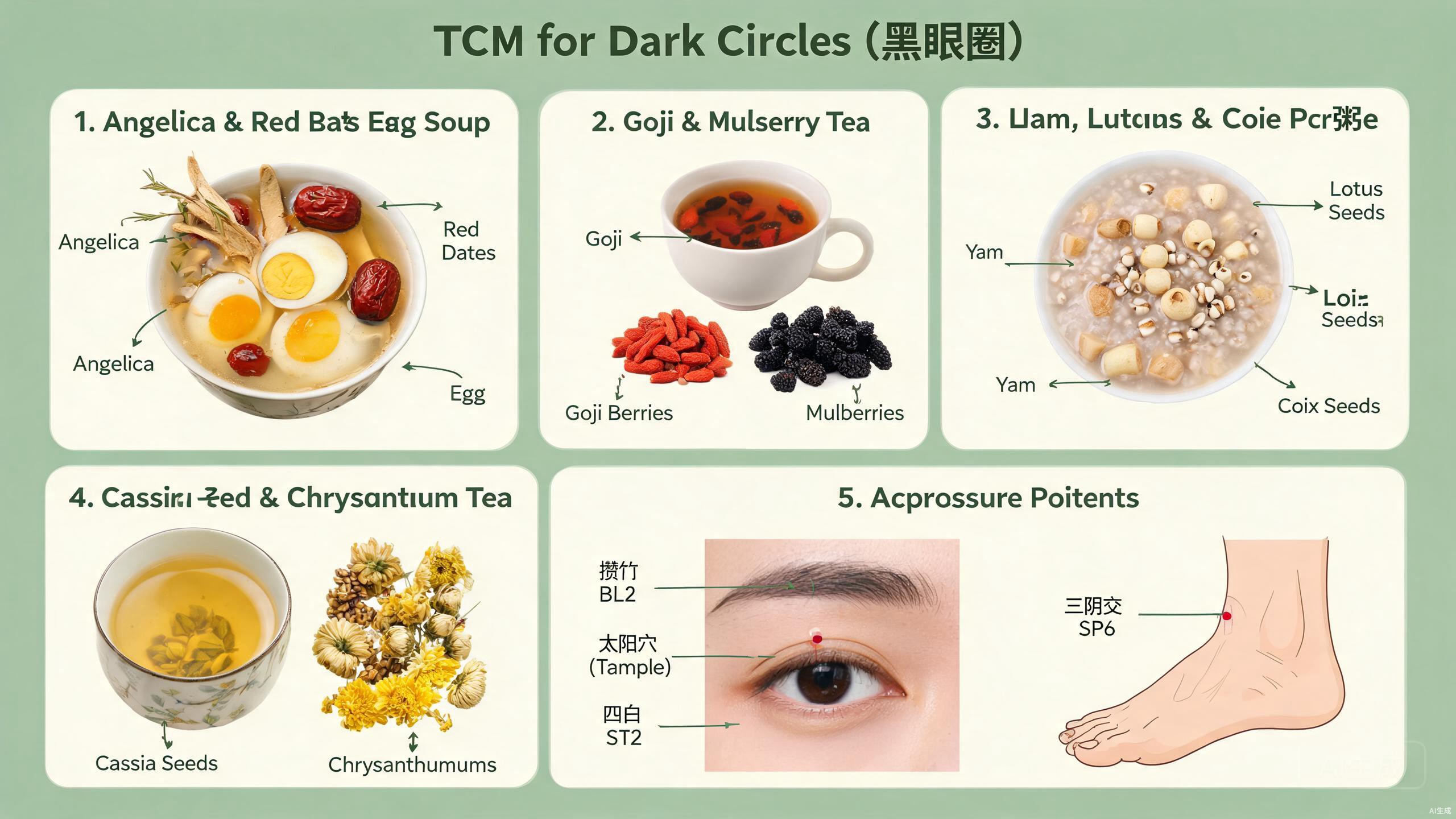 TCM food therapy ingredients for under-eye wellness including angelica root, red dates, goji berries, mulberries, black sesame, and walnuts arranged on a rustic wooden surface
