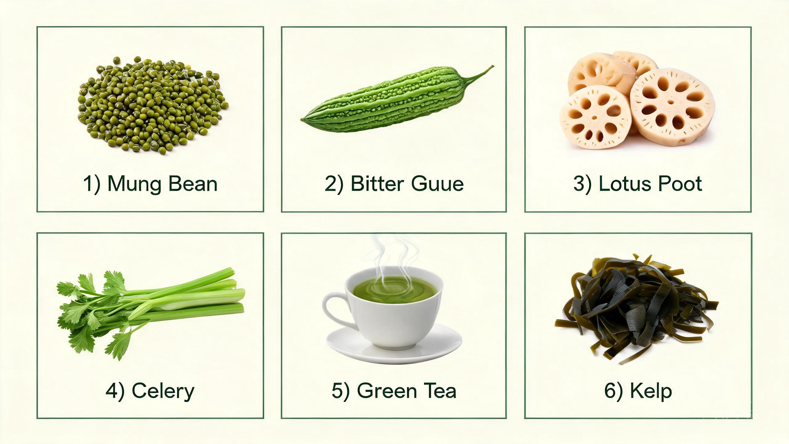 Five TCM detox cleansing foods showing mung beans, bitter melon, konjac, green tea, and bamboo shoots