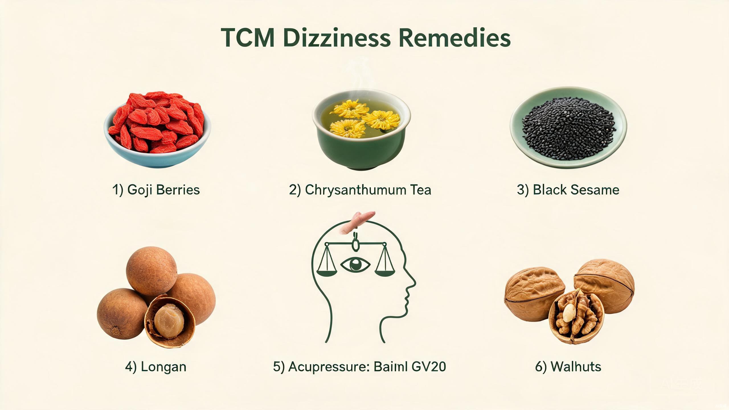TCM food therapy ingredients for dizziness including gastrodia, goji berries, chrysanthemum, astragalus, red dates, walnuts, and black sesame