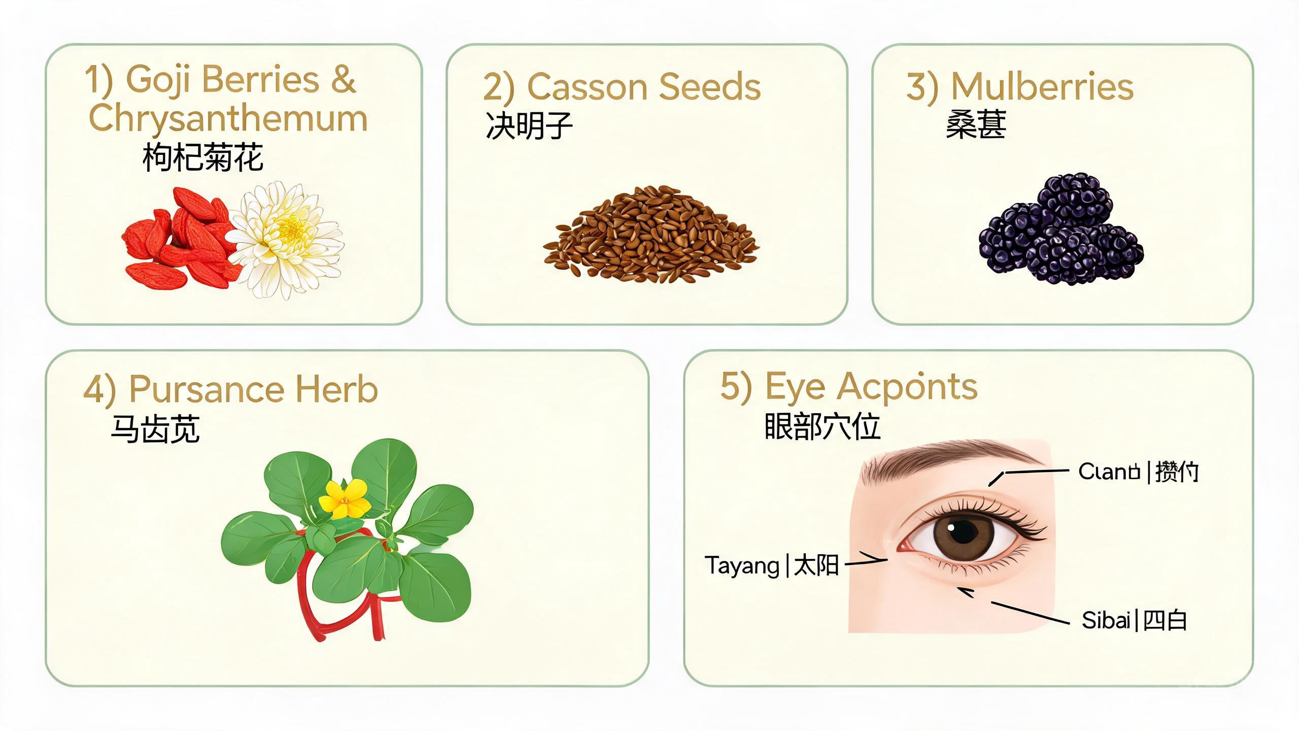 TCM food therapy ingredients for dry eyes including goji berries, chrysanthemum flowers, cassia seeds, mulberries, and Chinese yam arranged on a rustic wooden surface