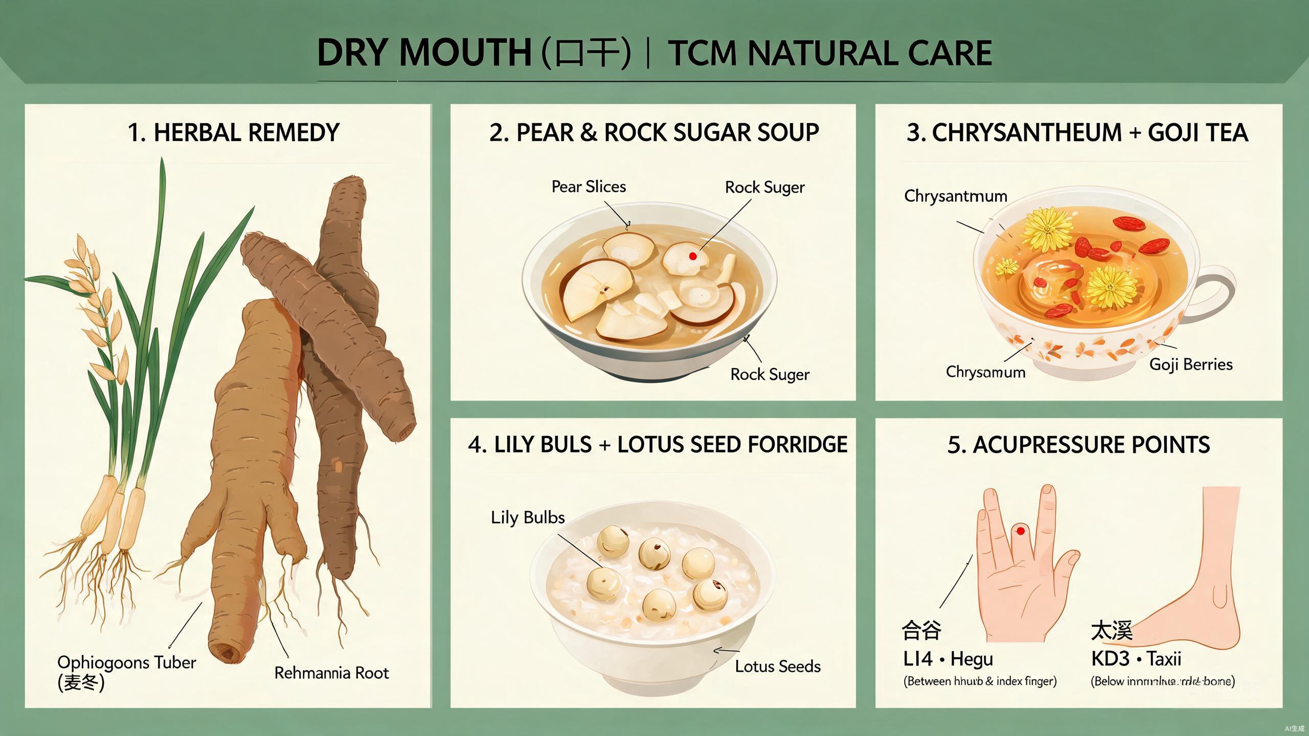 TCM food therapy ingredients for oral moisture including chrysanthemum, goji berries, mung beans, silver ear mushroom, lily bulbs, and ophiopus arranged on a rustic wooden surface
