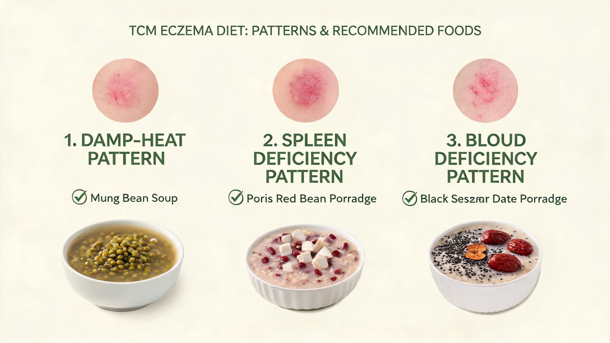 TCM food therapy ingredients for eczema and skin wellness including mung beans, coix seed, poria, black sesame, red dates, and purslane arranged on a rustic wooden surface
