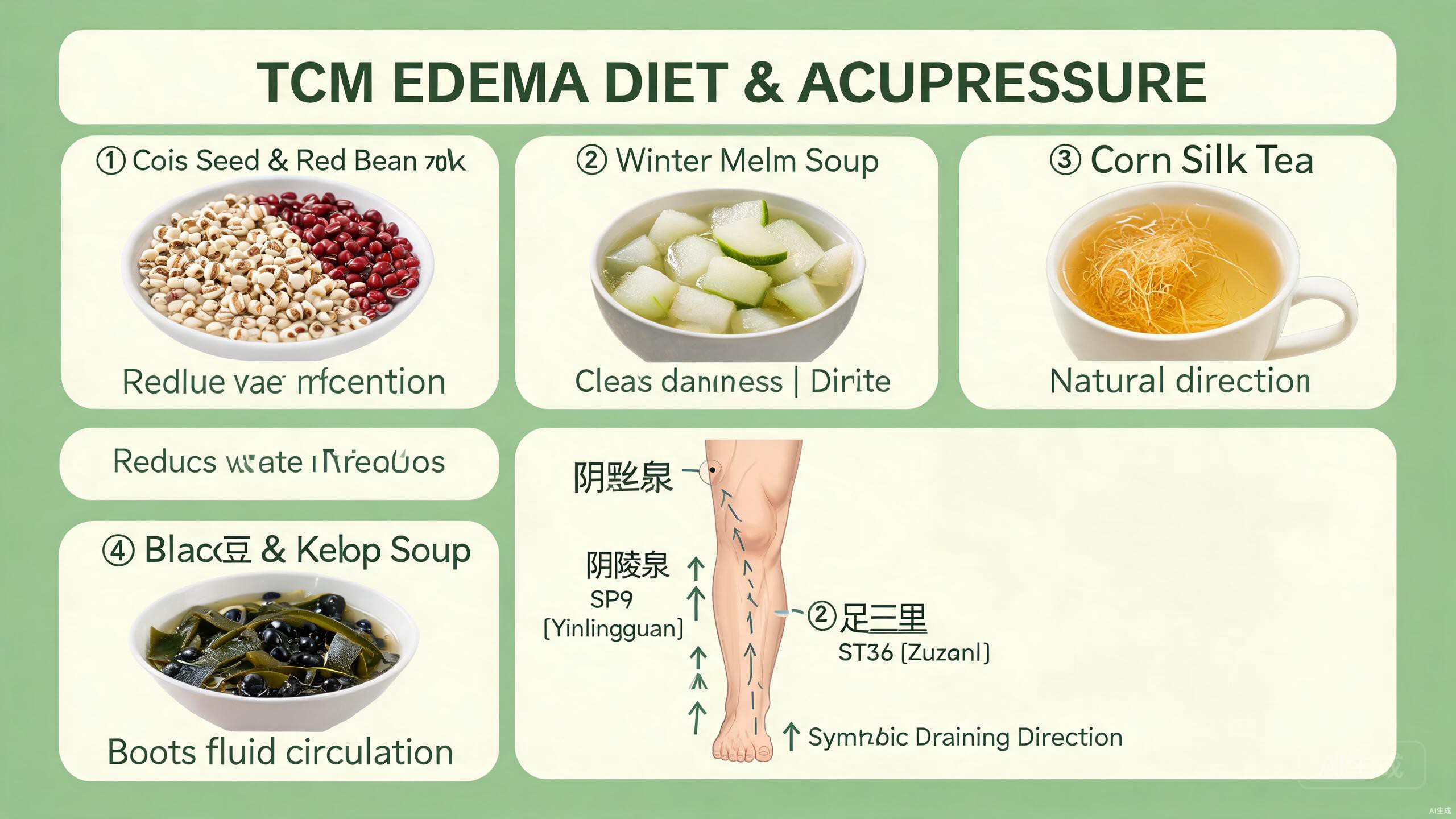 TCM food therapy ingredients for edema including adzuki beans, coix seed, winter melon, poria, tangerine peel, and corn silk arranged on a rustic wooden surface