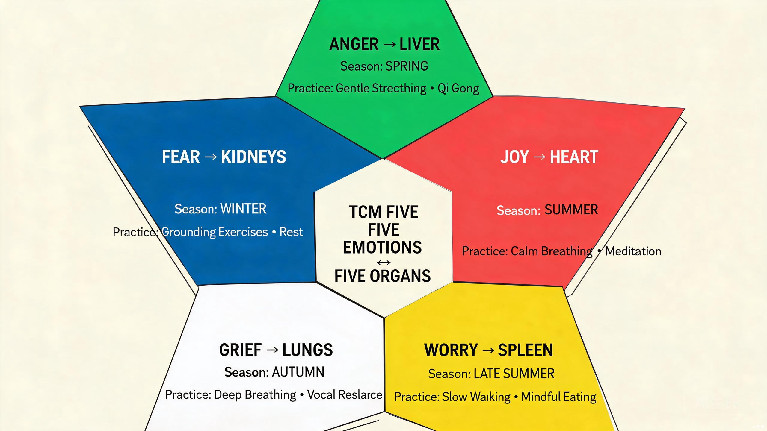 Five emotions and five organs diagram in TCM showing anger-liver, joy-heart, worry-spleen, grief-lungs, fear-kidneys connections