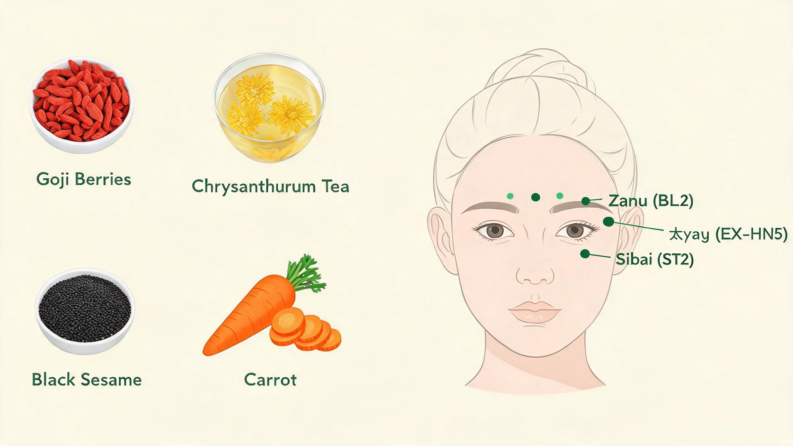 Five TCM eye health foods showing goji berries, chrysanthemum flowers, black sesame, carrots, and mulberries arranged on a wooden table