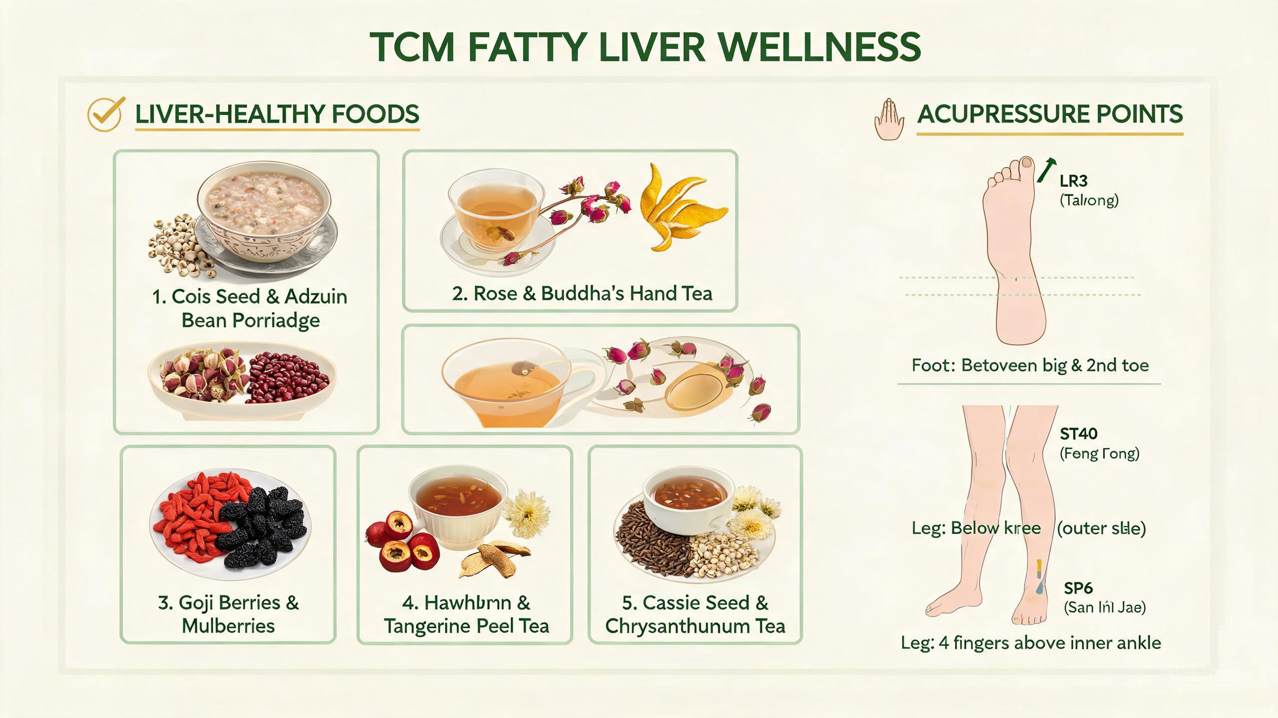 TCM food therapy ingredients for liver wellness including coix seed, adzuki beans, hawthorn, cassia seed, chrysanthemum, goji berries, and rose petals arranged on a rustic wooden surface