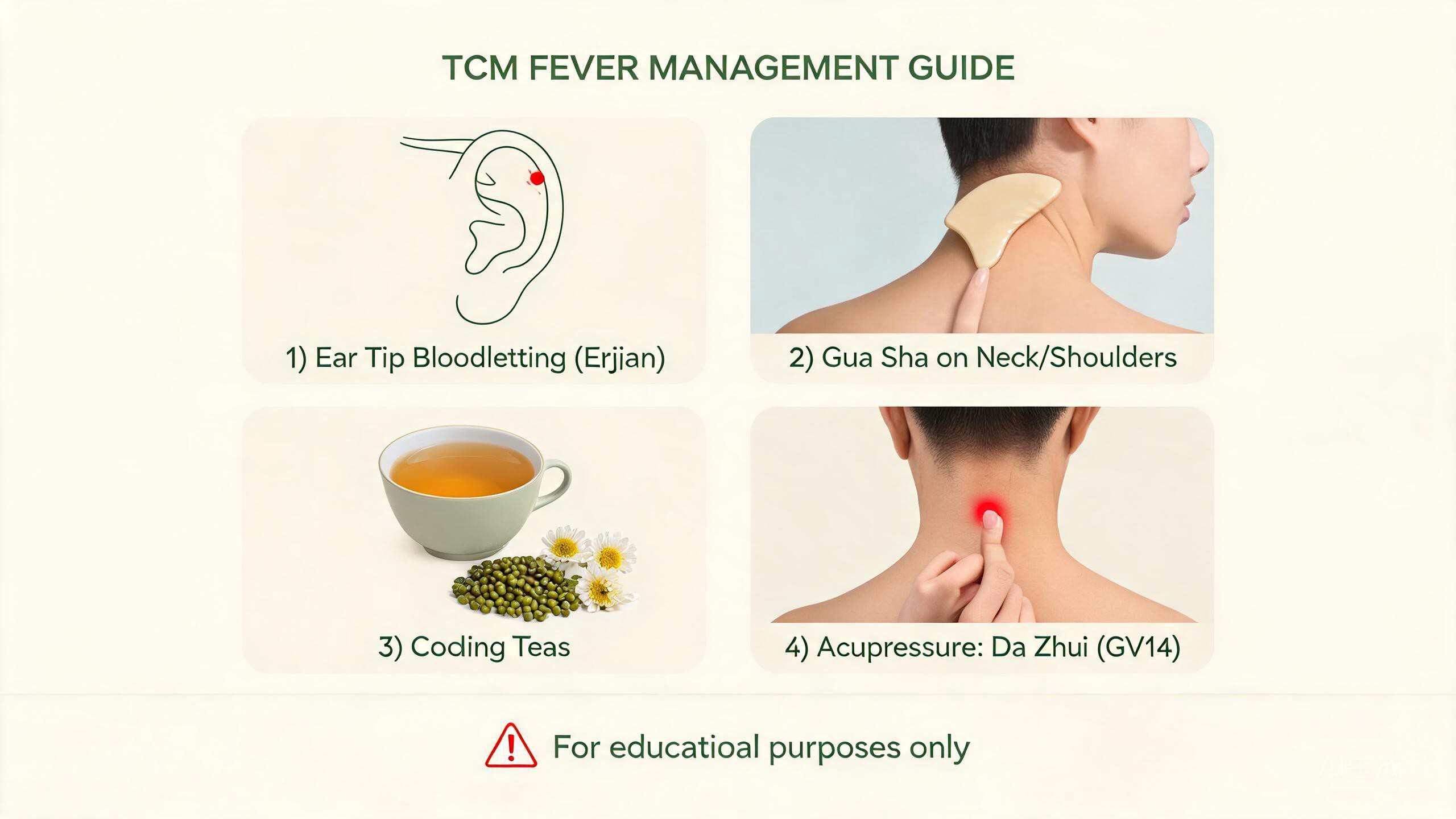 Traditional Chinese medicine fever management tools including a Gua Sha board, fresh mung beans, peppermint leaves, and a thermometer arranged on a cloth