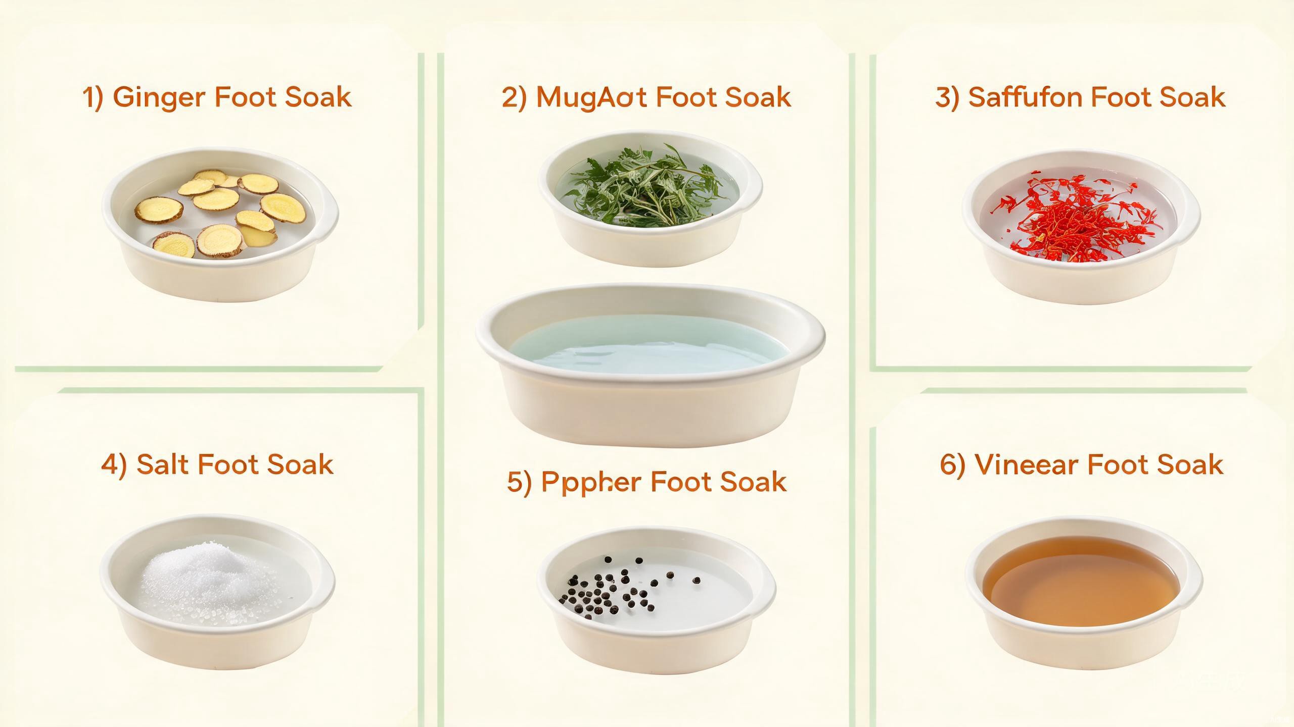 TCM foot soak ingredients including fresh ginger, dried mugwort, Sichuan peppercorns, safflower, and Epsom salt beside a wooden foot bath