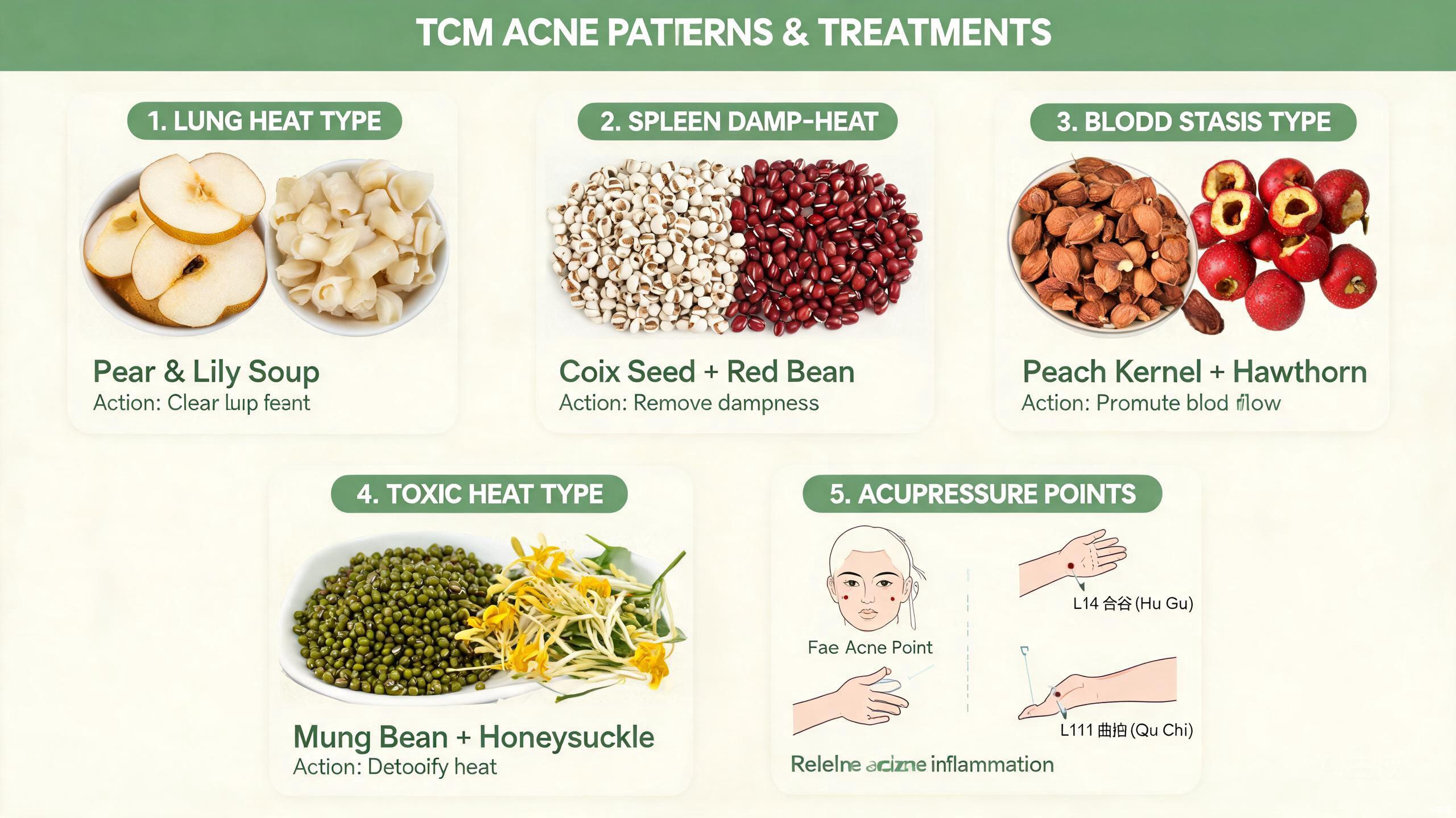 TCM food therapy ingredients for skin wellness including chrysanthemum, honeysuckle, mung beans, coix seed, adzuki beans, and lotus leaves arranged on a rustic wooden surface