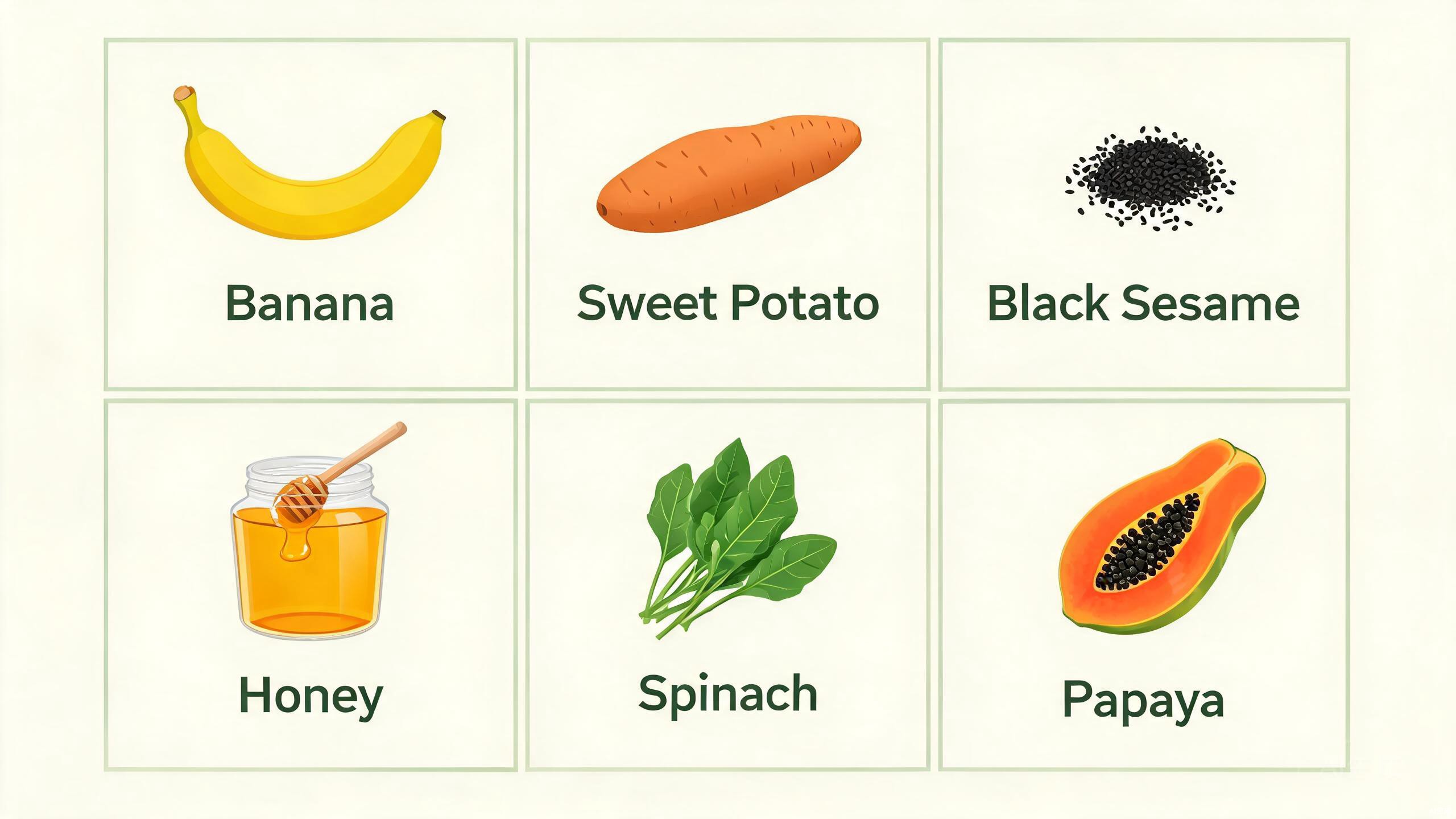 TCM constipation remedy ingredients including black sesame seeds, honey, pine nuts, walnuts, cassia seeds, and bananas arranged on a wooden table