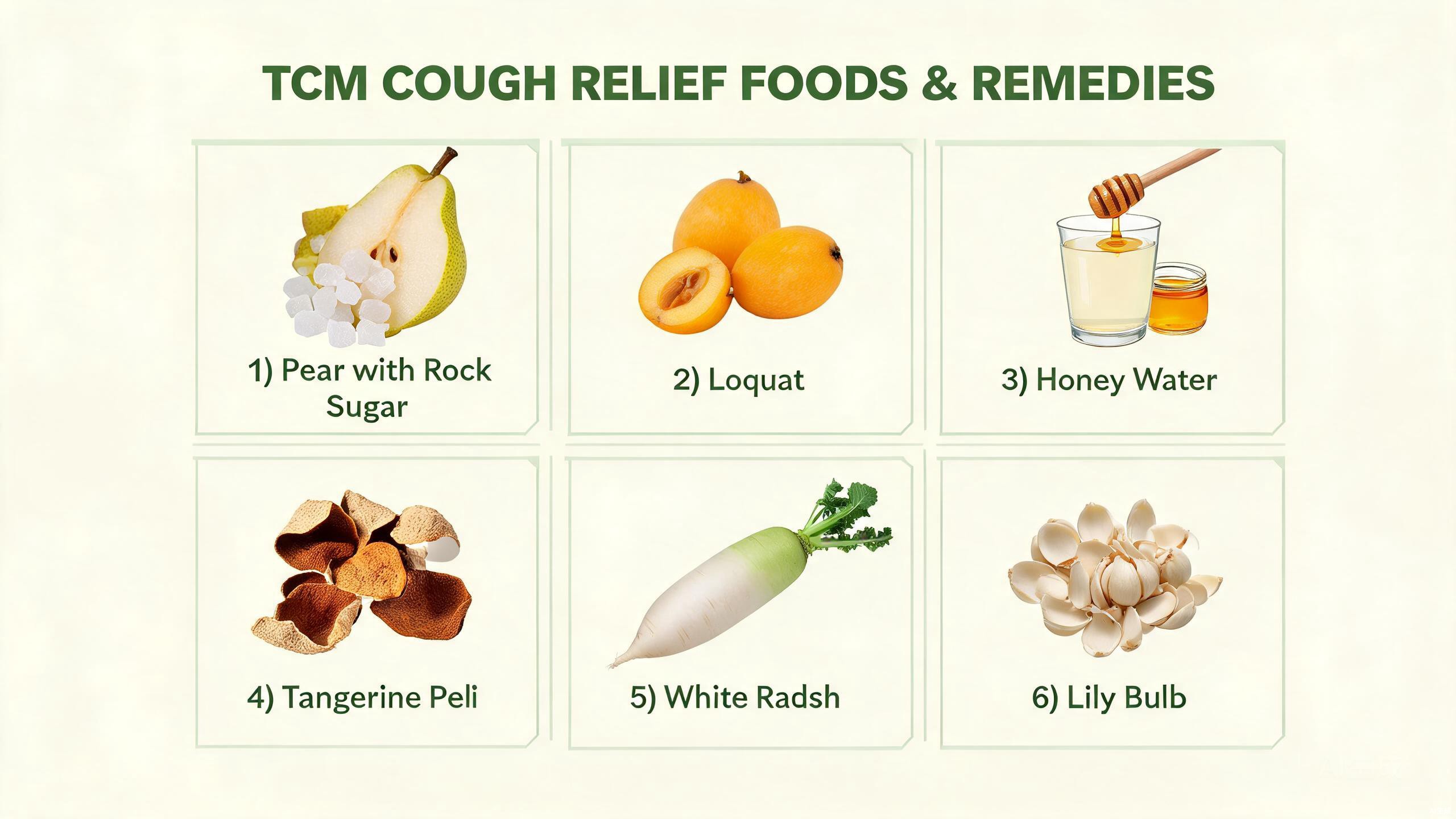 Five TCM cough relief foods showing pear with rock sugar, ginger tea, tangerine peel, dried lily bulb, and white radish