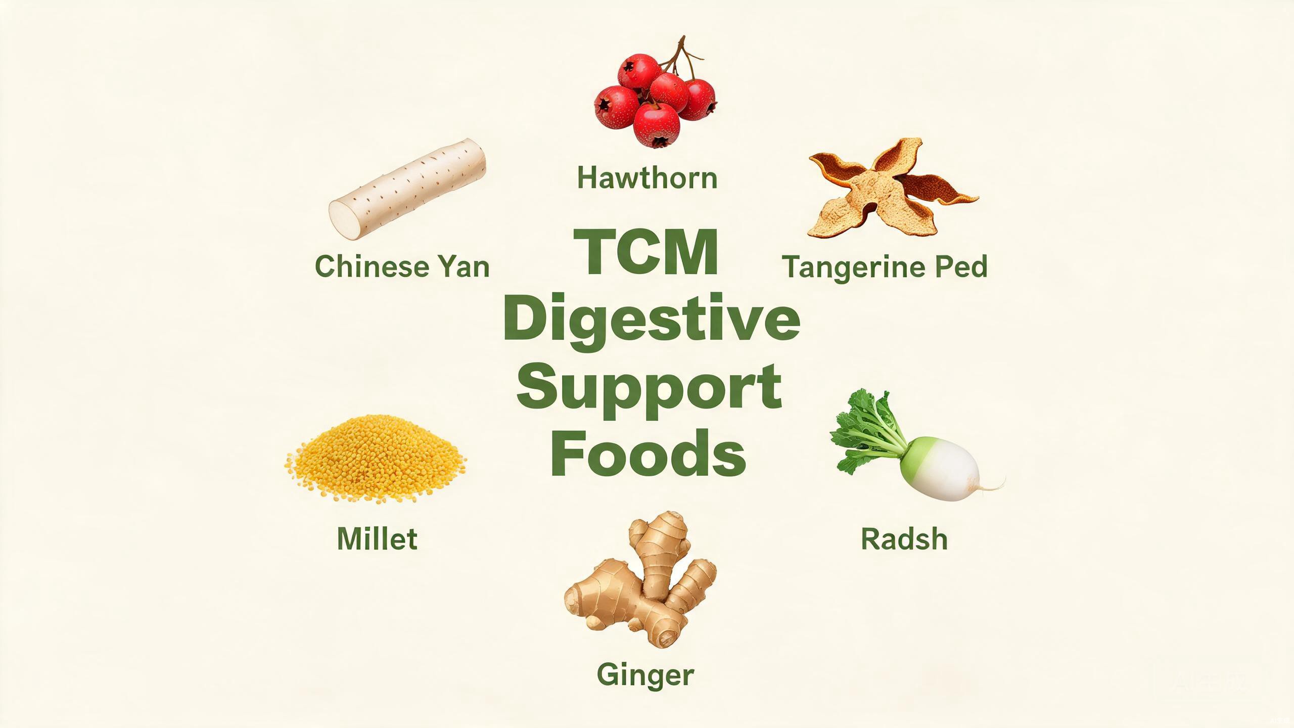Five TCM digestion support foods showing hawthorn berries, Chinese yam, millet, white radish, and barley sprout tea