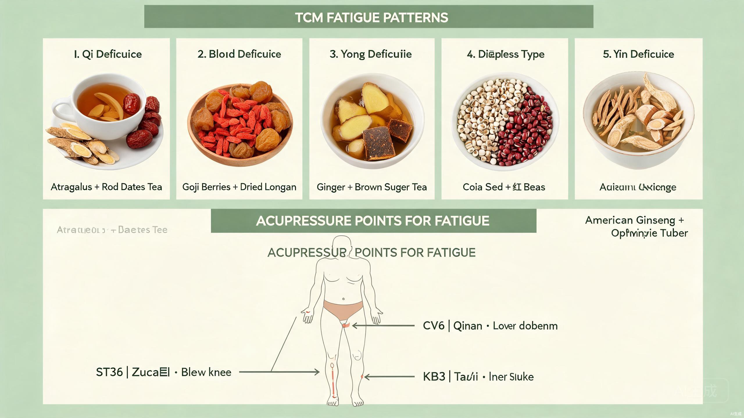 TCM food therapy ingredients for fatigue including astragalus root, red dates, goji berries, longan, ginger, brown sugar, coix seed, red beans, and American ginseng arranged on a rustic wooden surface