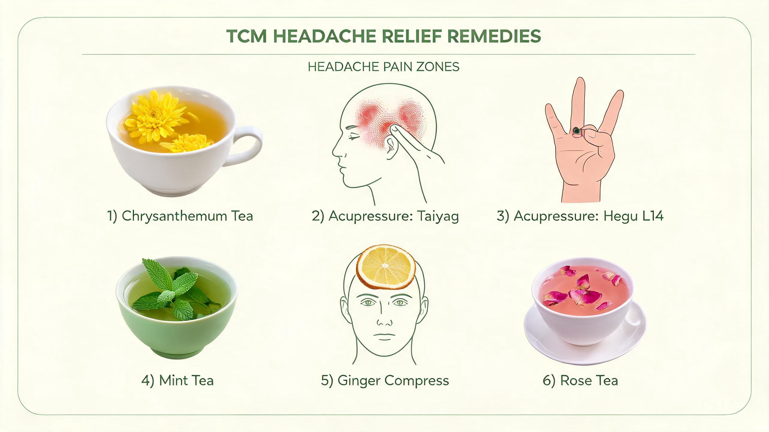 TCM headache relief ingredients including chrysanthemum flowers, cassia seeds, ginger, scallions, peppermint, and gastrodia root with an acupressure point diagram