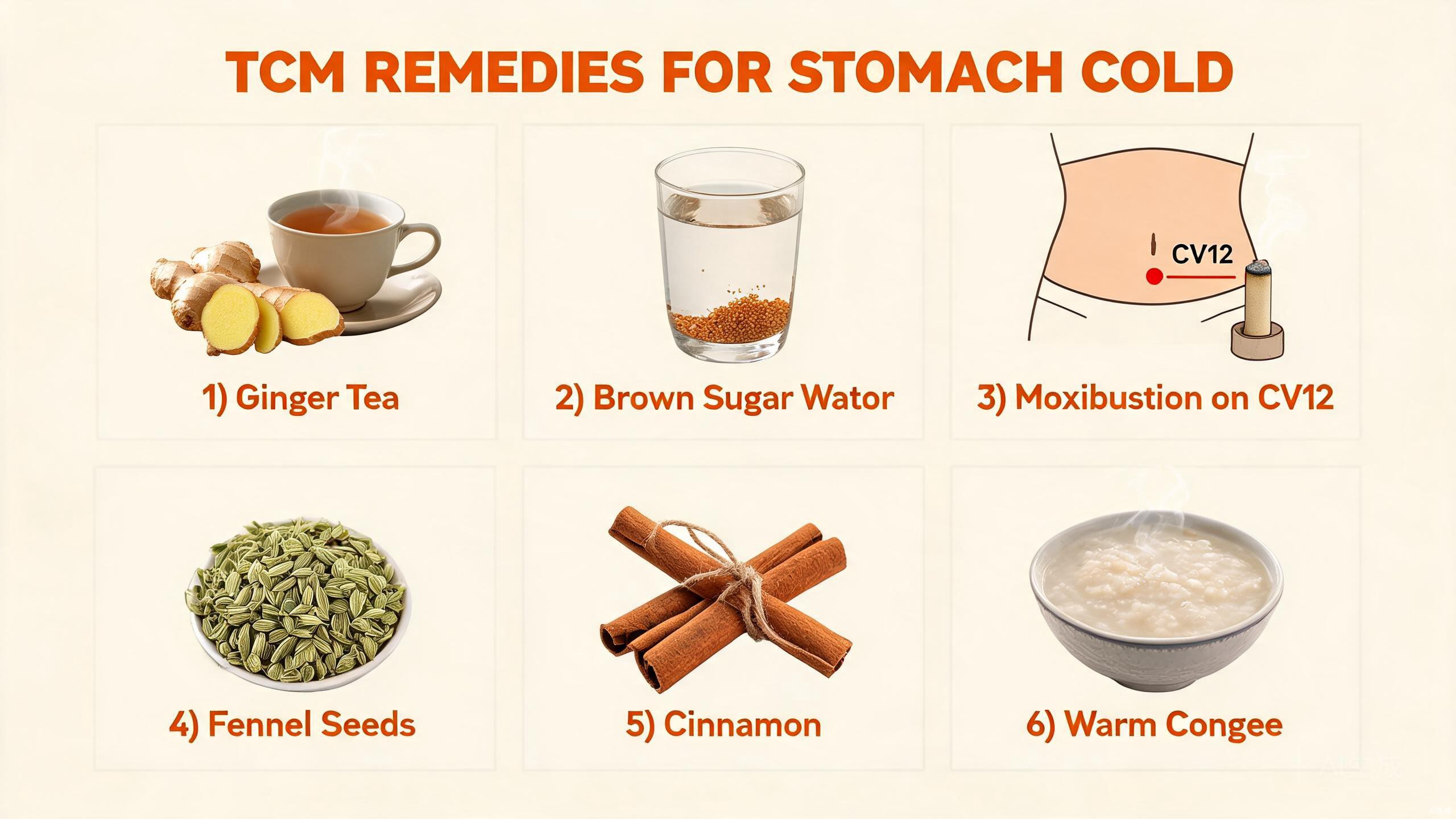 TCM warming foods for stomach cold including ginger, brown sugar, millet, cinnamon, pumpkin, and white pepper arranged on a rustic wooden surface