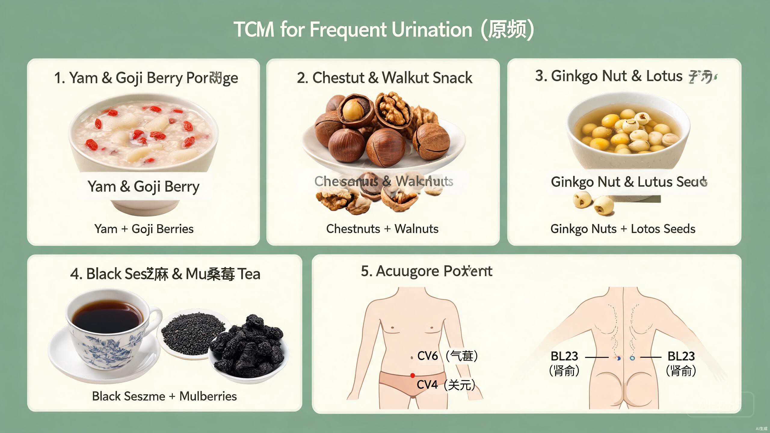 TCM food therapy ingredients for frequent urination including winter melon, coix seed, Gordon euryale, Chinese yam, walnuts, lotus seeds, and goji berries arranged on a rustic wooden surface