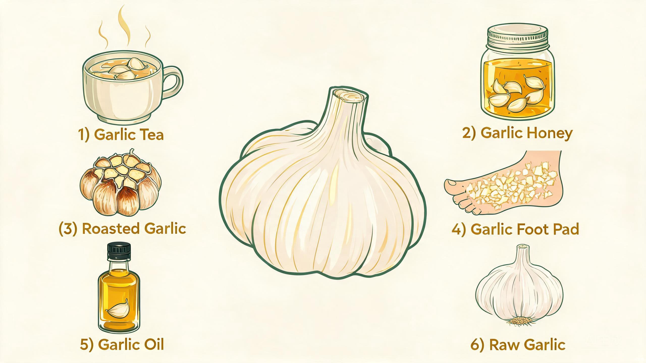 Fresh garlic bulbs, separated cloves, honey, vinegar, and ginger arranged on a rustic wooden surface with a mortar and pestle