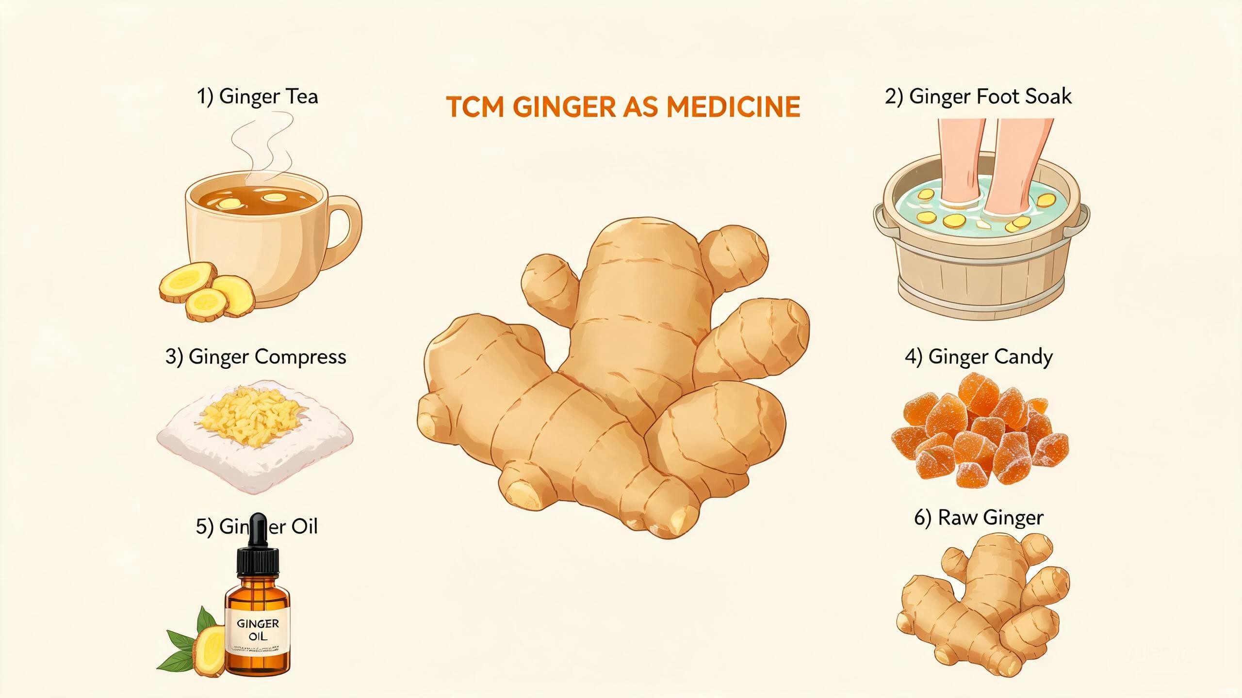 Fresh ginger root, dried ginger, brown sugar, red dates, and tangerine peel arranged on a wooden cutting board with a cup of ginger tea