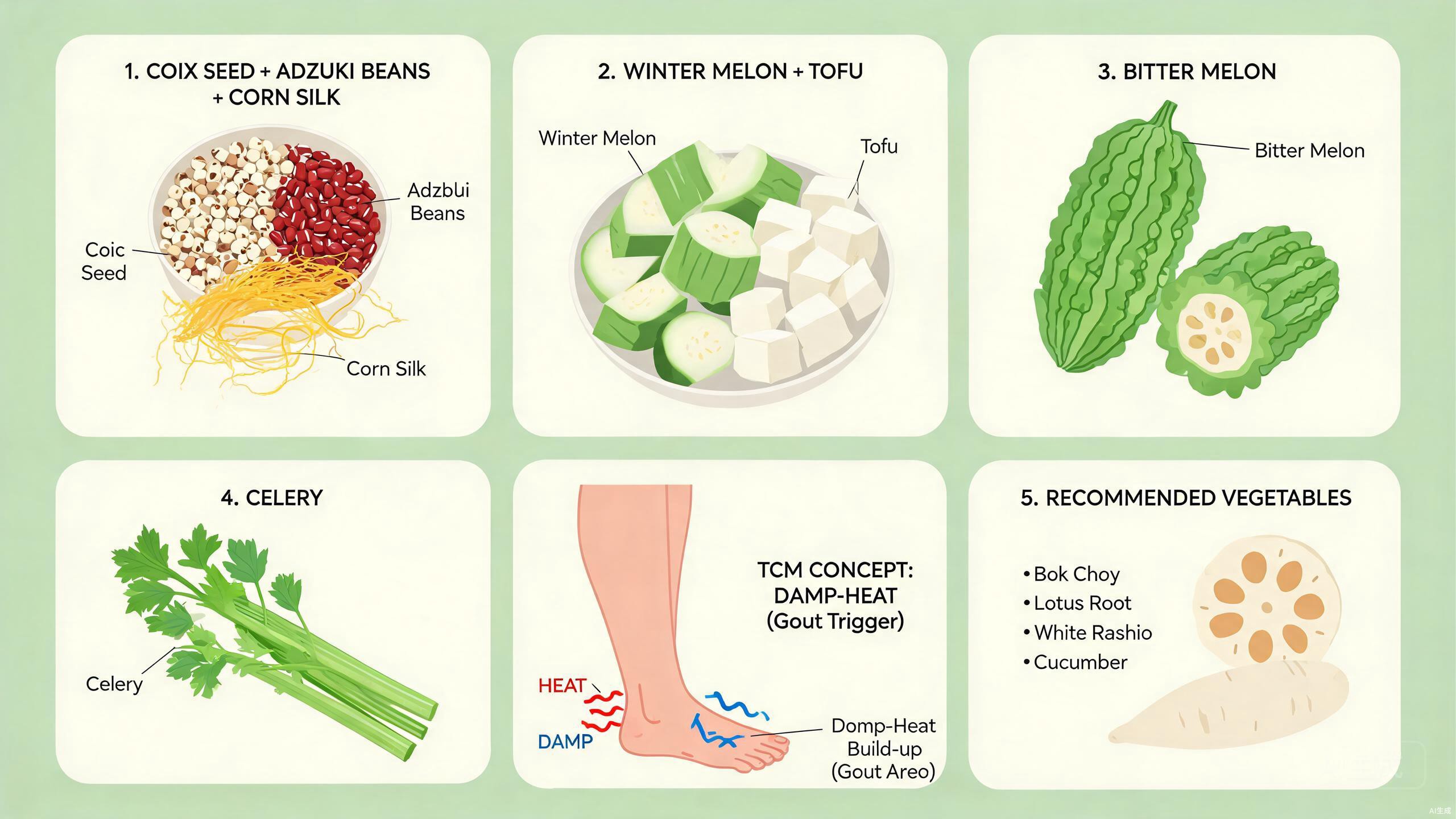 TCM food therapy ingredients for gout and uric acid wellness including coix seed, adzuki bean, corn silk, winter melon, bitter melon, and celery arranged on a rustic wooden surface
