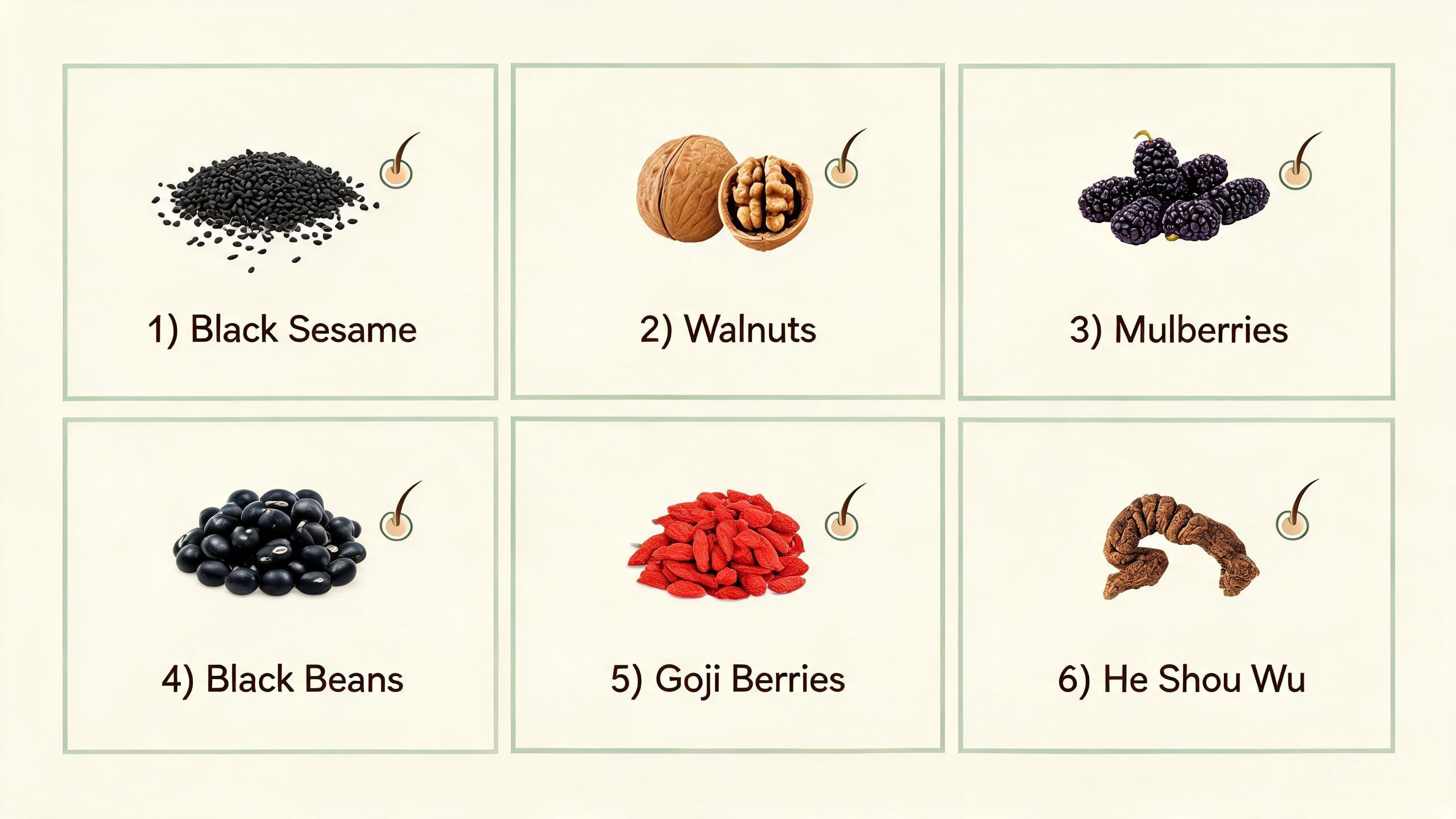 Five TCM natural foods for hair growth and health showing black sesame, black beans, walnuts, mulberries, and He Shou Wu