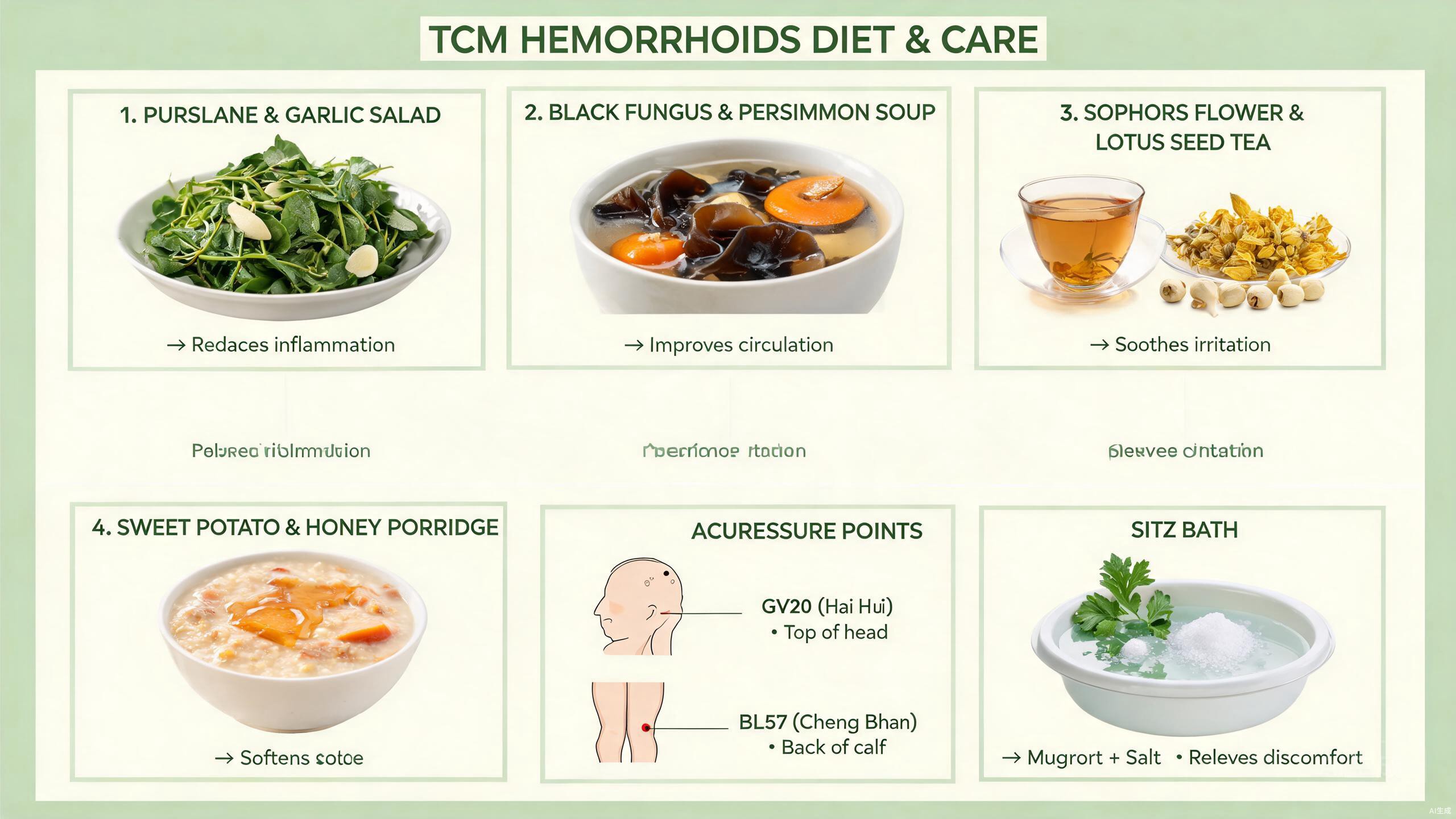 TCM food therapy ingredients for hemorrhoid wellness including spinach, dried figs, sophora flowers, black sesame, and adzuki beans arranged on a rustic wooden surface