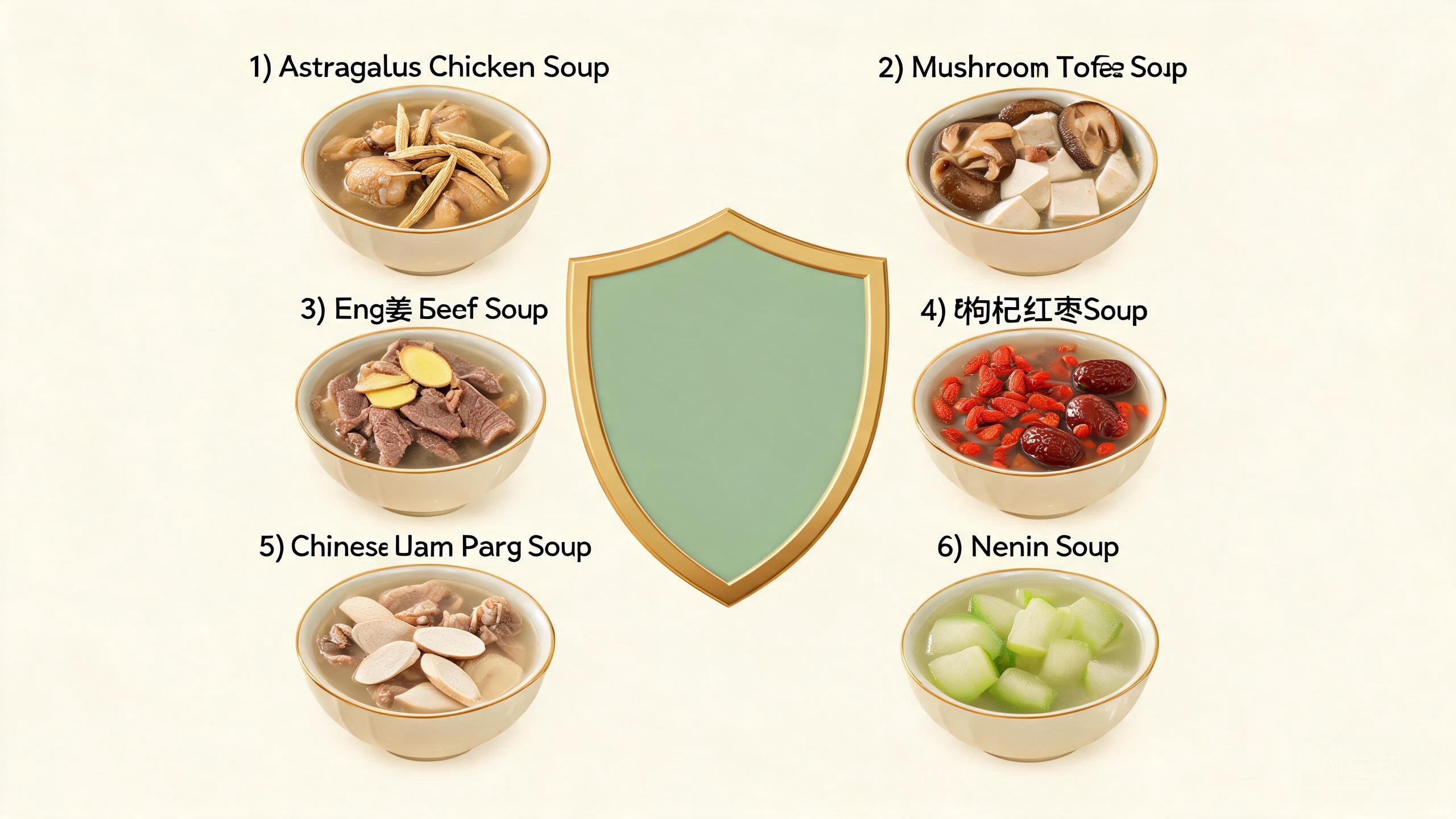 TCM immunity soup ingredients including astragalus root, Chinese yam, mushrooms, lotus seeds, lily bulb, red dates, and goji berries arranged beside a steaming ceramic bowl of tonic soup
