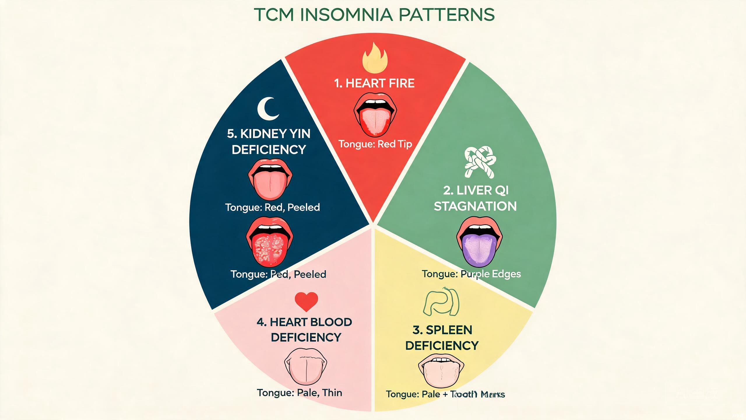 Diagram showing five TCM insomnia types with corresponding organs, tongue signs, and recommended remedies
