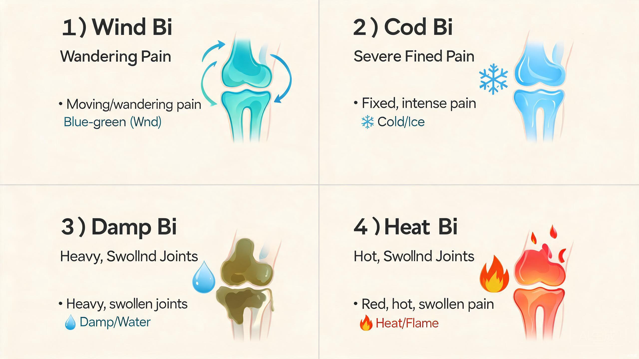 TCM Bi syndrome diagram showing wind, cold, damp, and heat types of joint pain with their characteristics