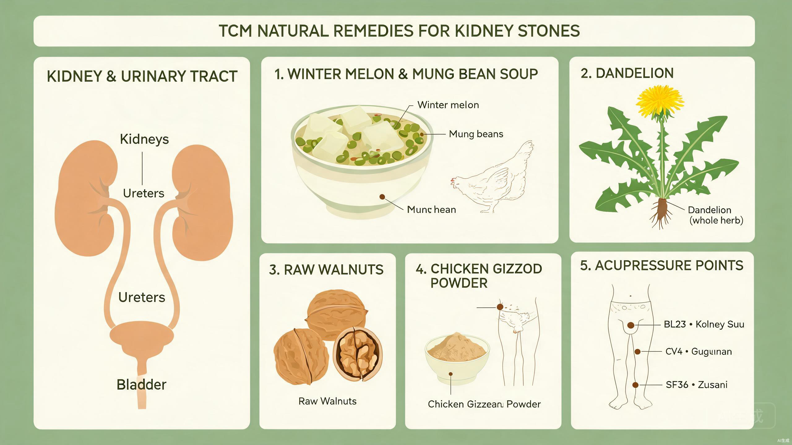 TCM food therapy ingredients for kidney stone wellness including winter melon, mung beans, coix seed, dandelion, walnuts, and plantain herb arranged on a rustic wooden surface