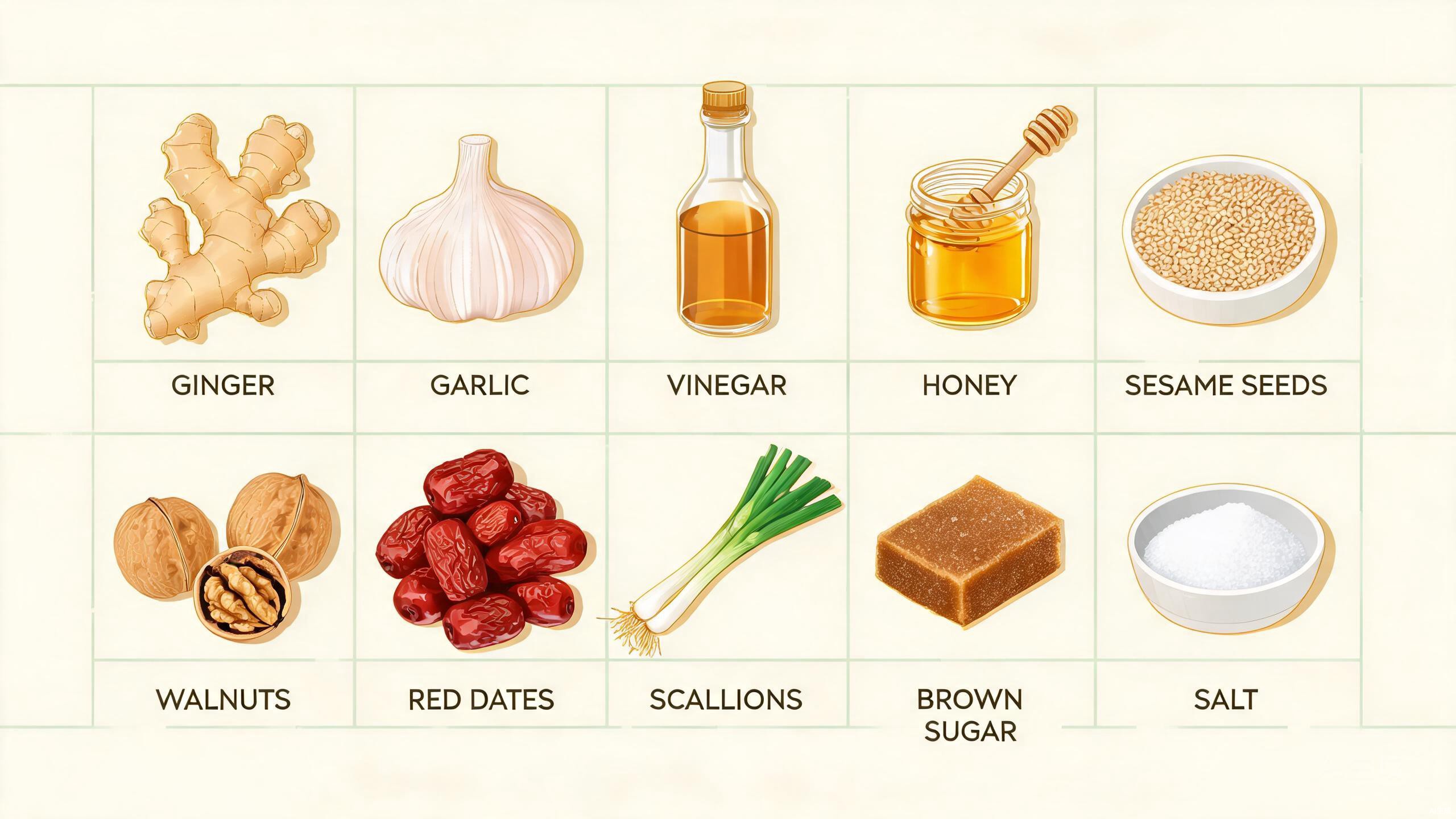 Ten common kitchen ingredients used in TCM showing ginger, garlic, vinegar, honey, sesame, walnut, red dates, scallion, brown sugar, and salt