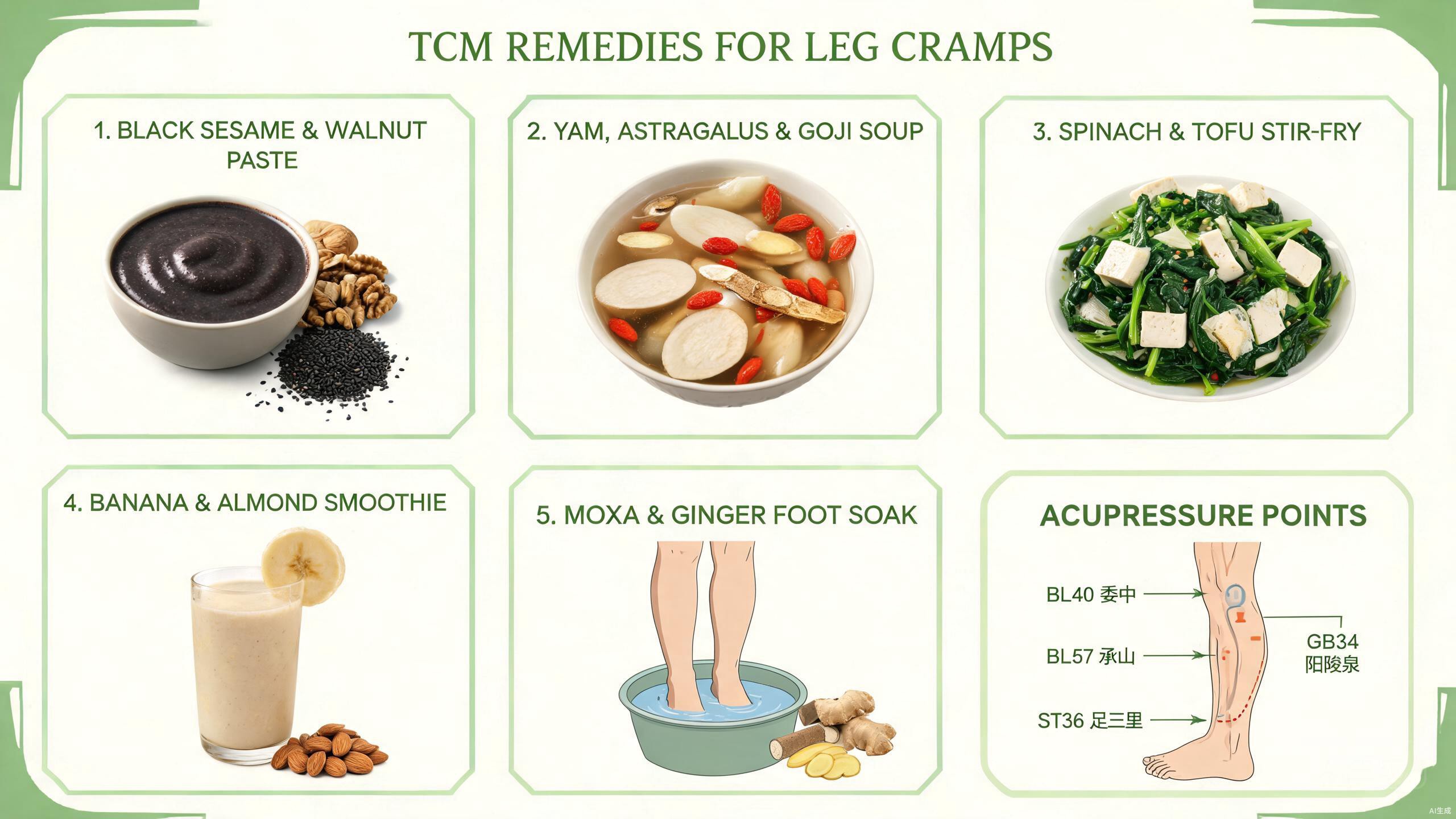 TCM food therapy ingredients for leg cramp relief including black sesame, walnuts, Chinese yam, goji berries, spinach, and tofu arranged on a rustic wooden surface