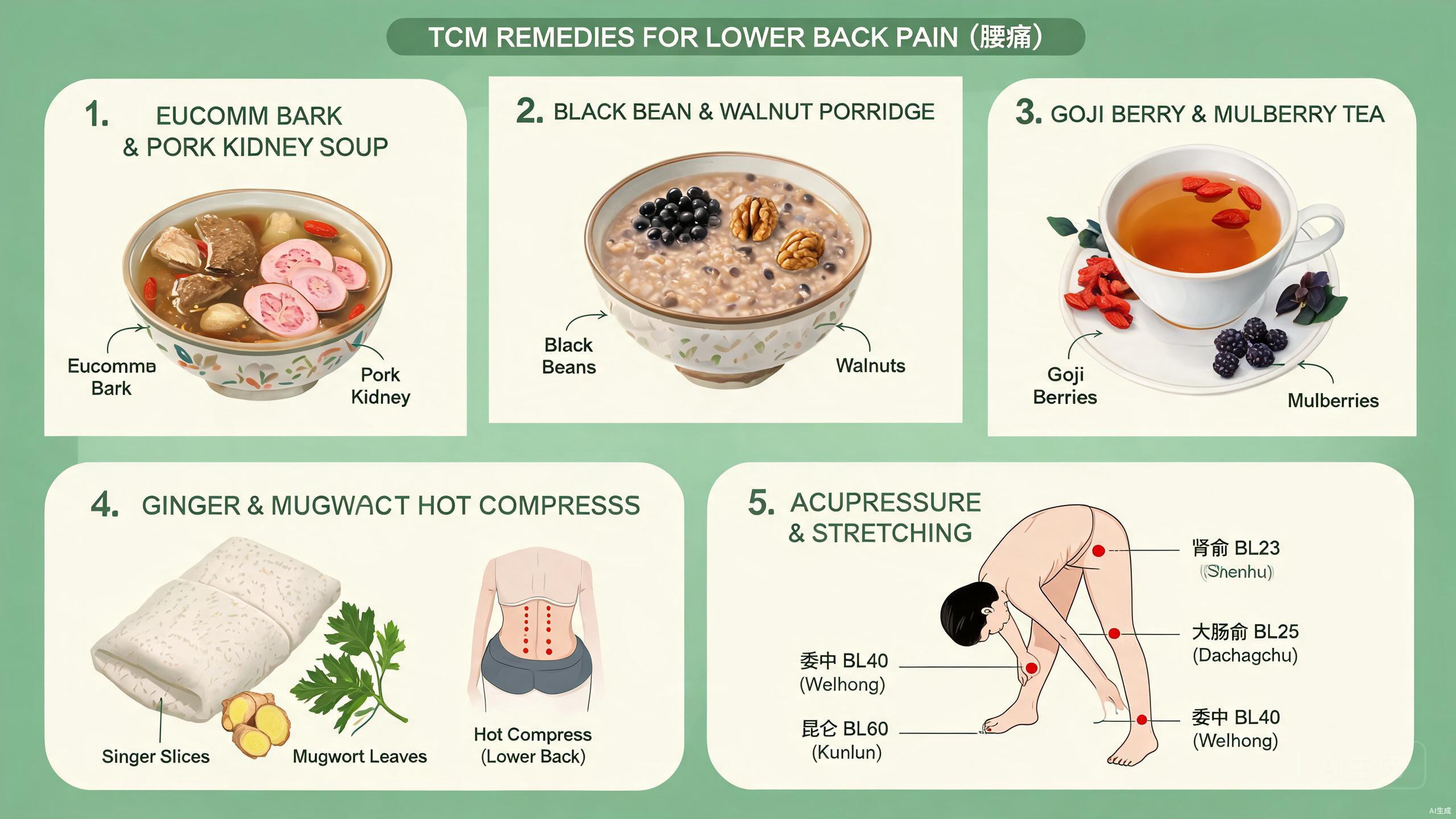 TCM acupressure points and food therapy for lower back pain showing Shenshu BL23, Weizhong BL40, Mingmen GV4, Yaoyan, and Kunlun BL60 with traditional remedies