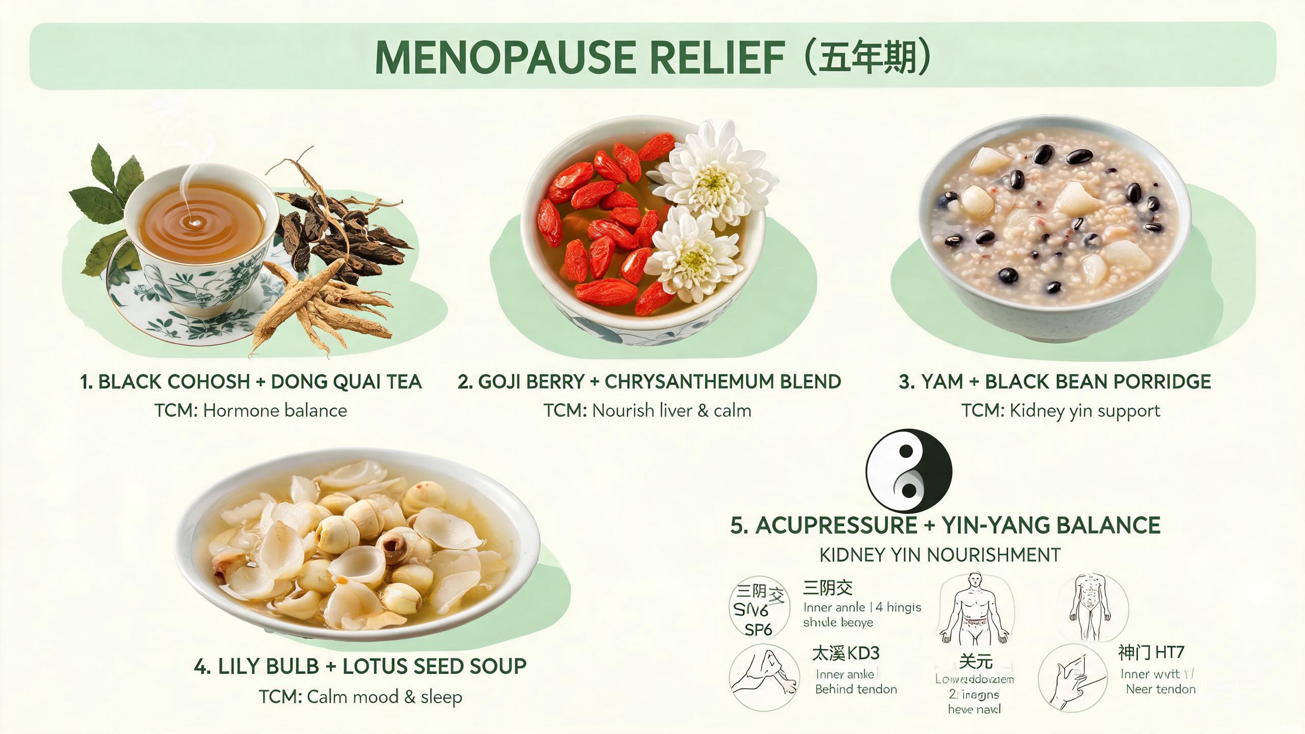 TCM menopause wellness items including dried lily bulbs, white fungus, sour jujube seeds, goji berries, and red dates arranged on a soft natural linen background