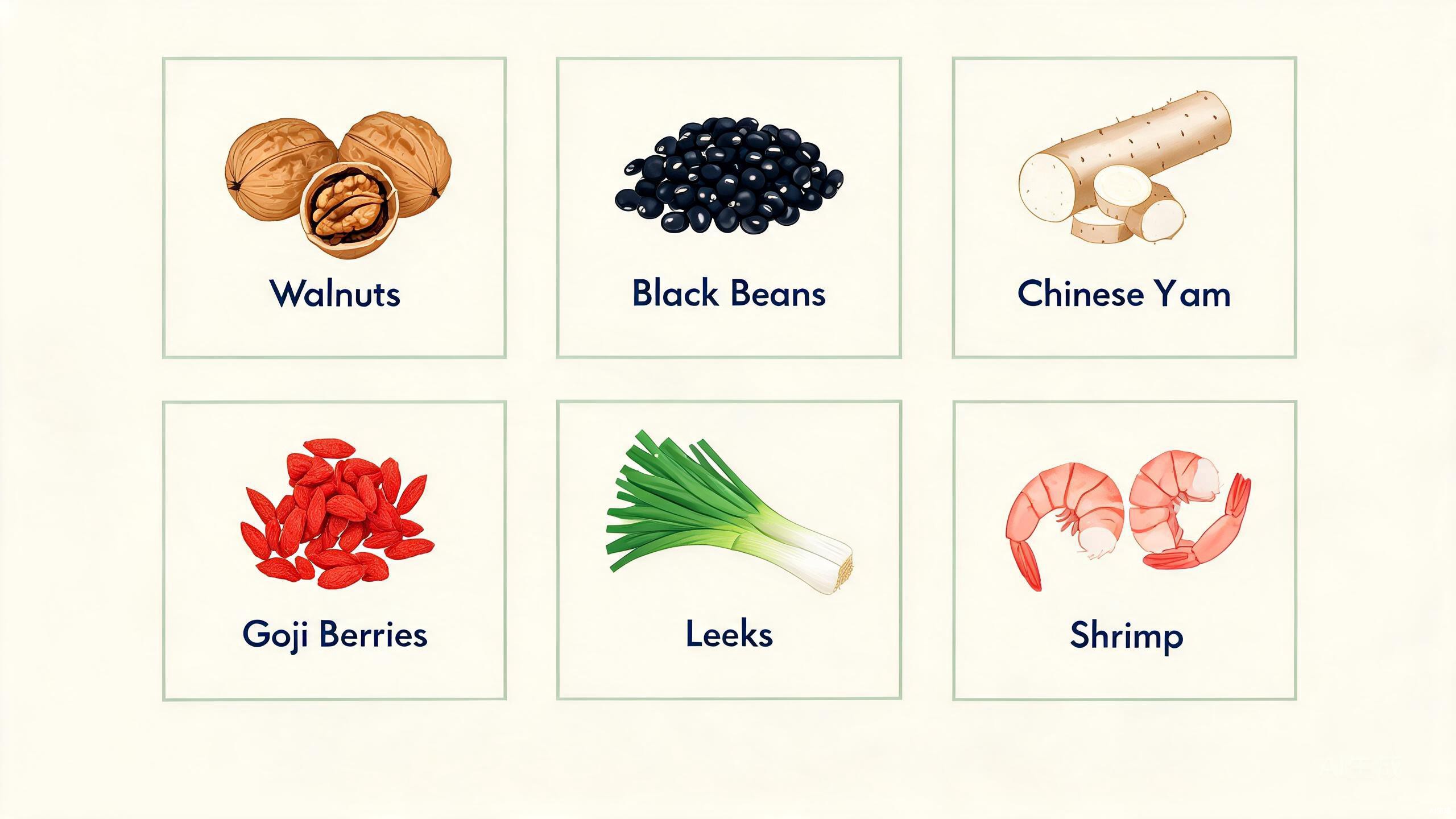 Five TCM men's vitality foods showing walnuts, black beans, shrimp, Chinese yam, and goji berries arranged on a rustic wooden surface