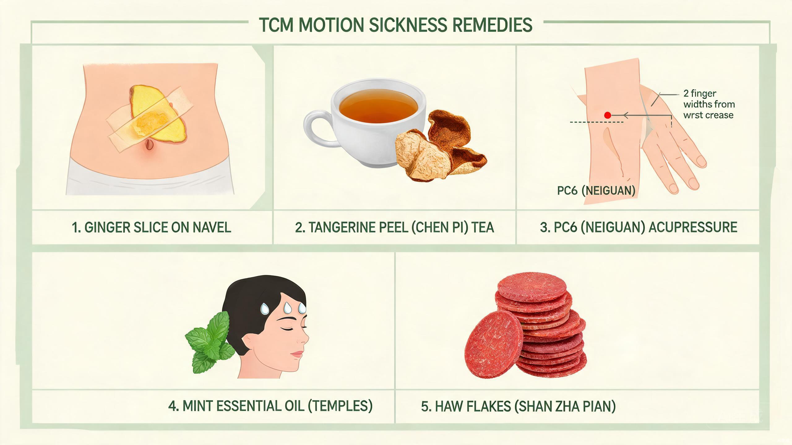 TCM food therapy ingredients for motion sickness including dried tangerine peel, fresh ginger, mint, Chinese yam, and dried sour plums arranged on a rustic wooden surface