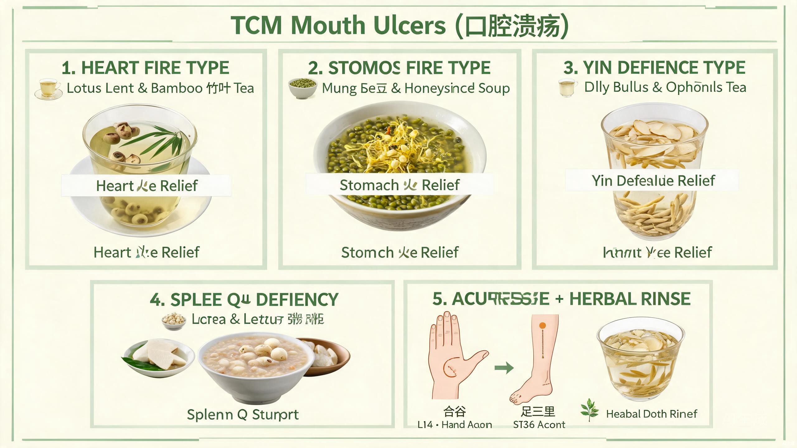 TCM food therapy ingredients for mouth ulcers and oral wellness including Chinese yam, lily bulb, lotus seed, tremella, mung beans, honeysuckle, and licorice arranged on a rustic wooden surface