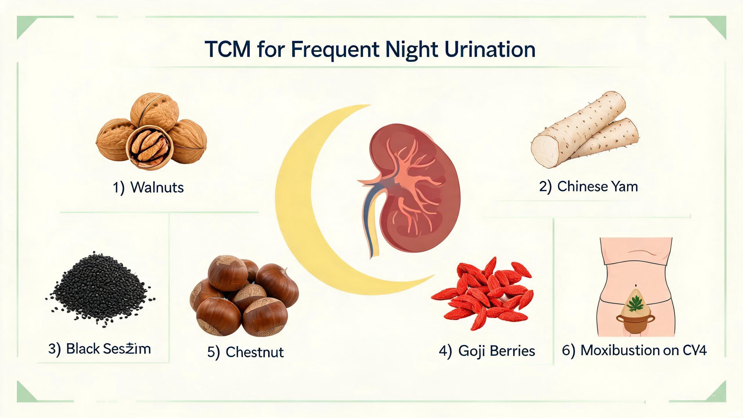 Kidney-strengthening TCM food therapy ingredients including black beans, walnuts, Chinese yam, goji berries, and red dates arranged on a wooden surface