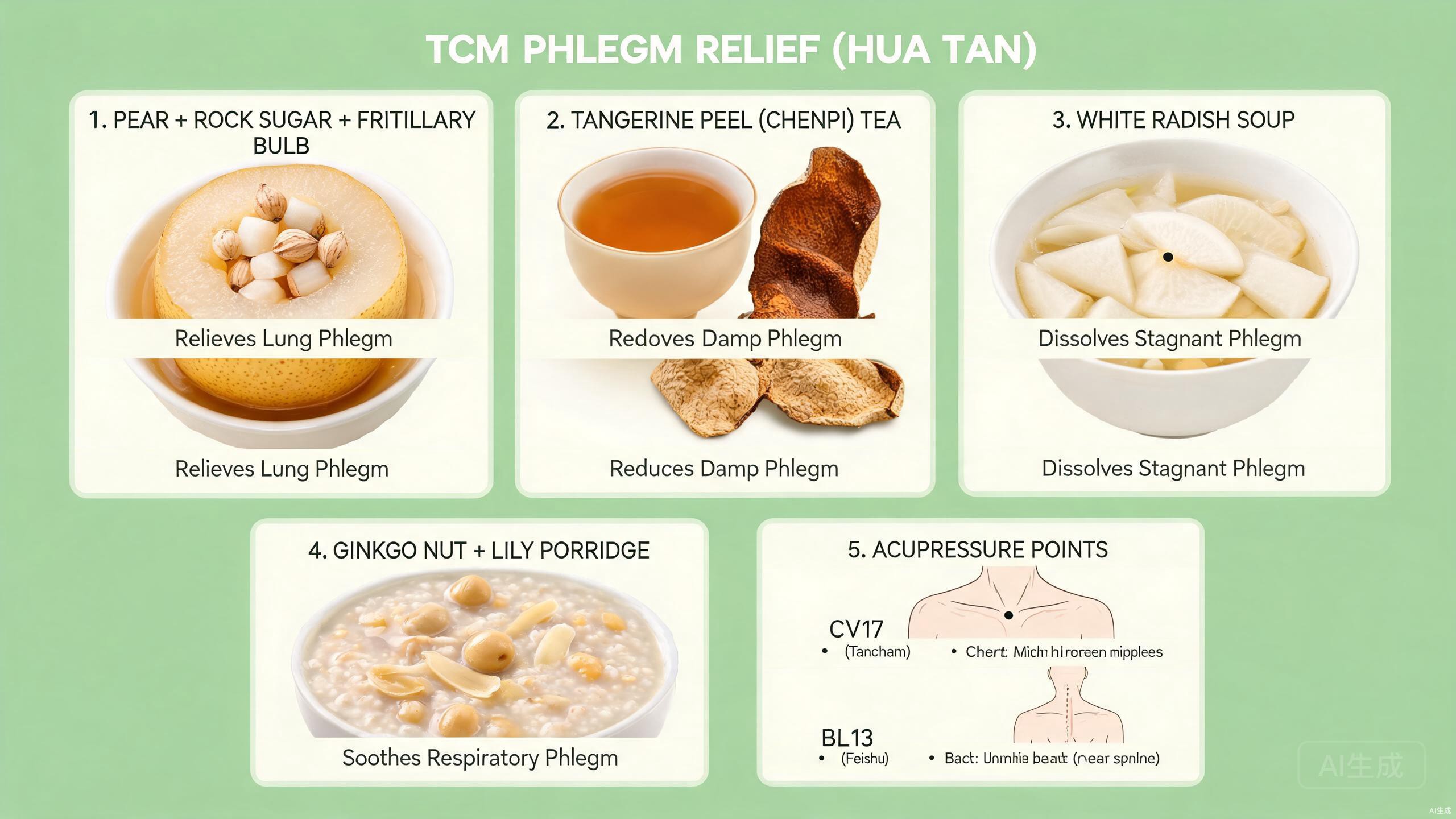TCM food therapy ingredients for phlegm relief including dried tangerine peel, poria, white radish, ginger, Sichuan fritillaria, Asian pear, and radish seeds arranged on a rustic wooden surface