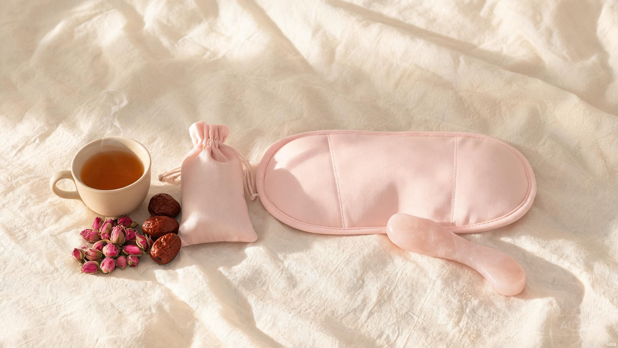 TCM women's wellness items including herbal tea, dried rose buds, red dates, and a rose quartz acupressure tool on soft linen