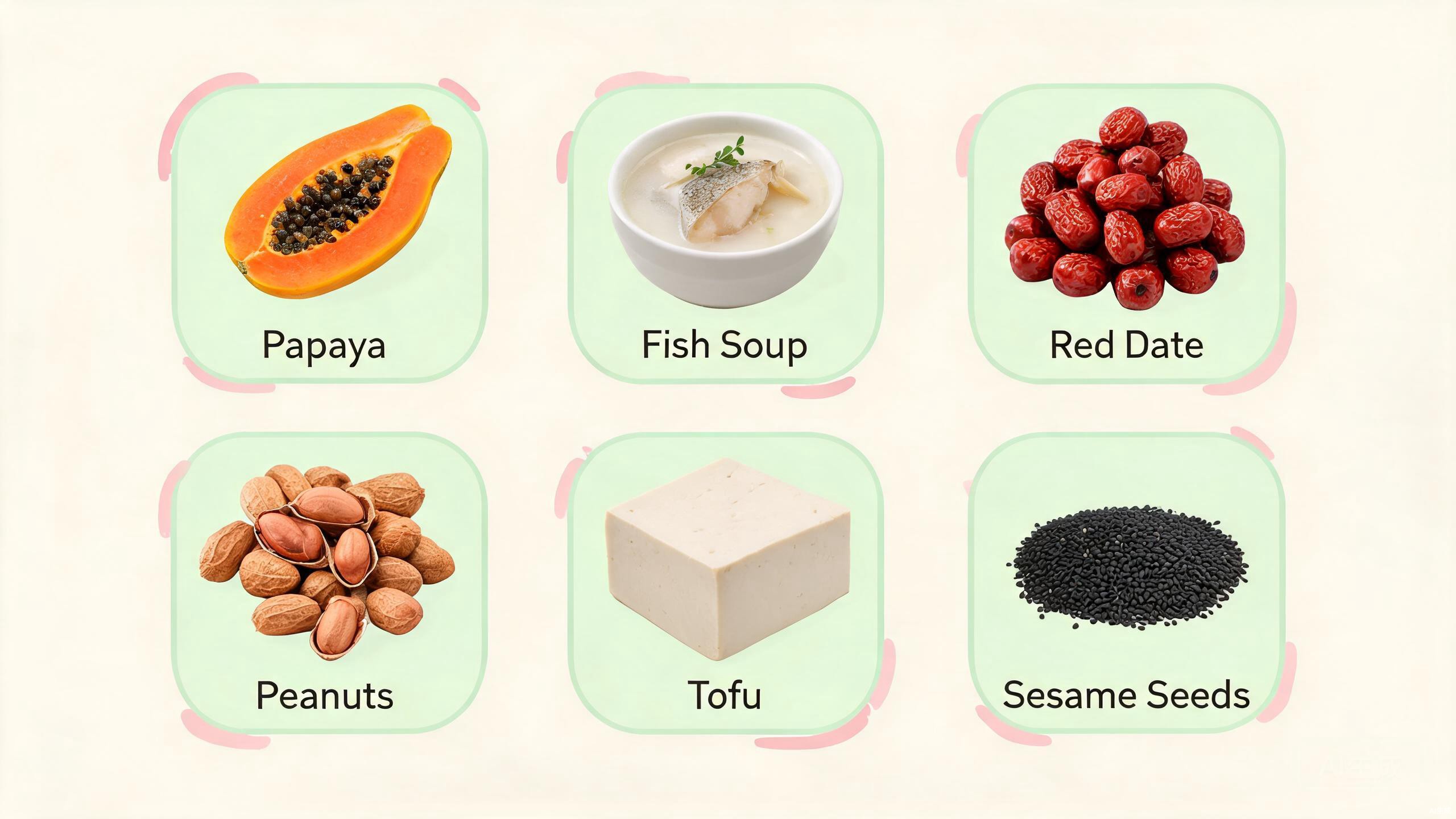 Five TCM postpartum lactation foods showing papaya fish soup, red date longan tea, pig trotter soup, fenugreek seeds, and black sesame soup arranged on a warm-toned table