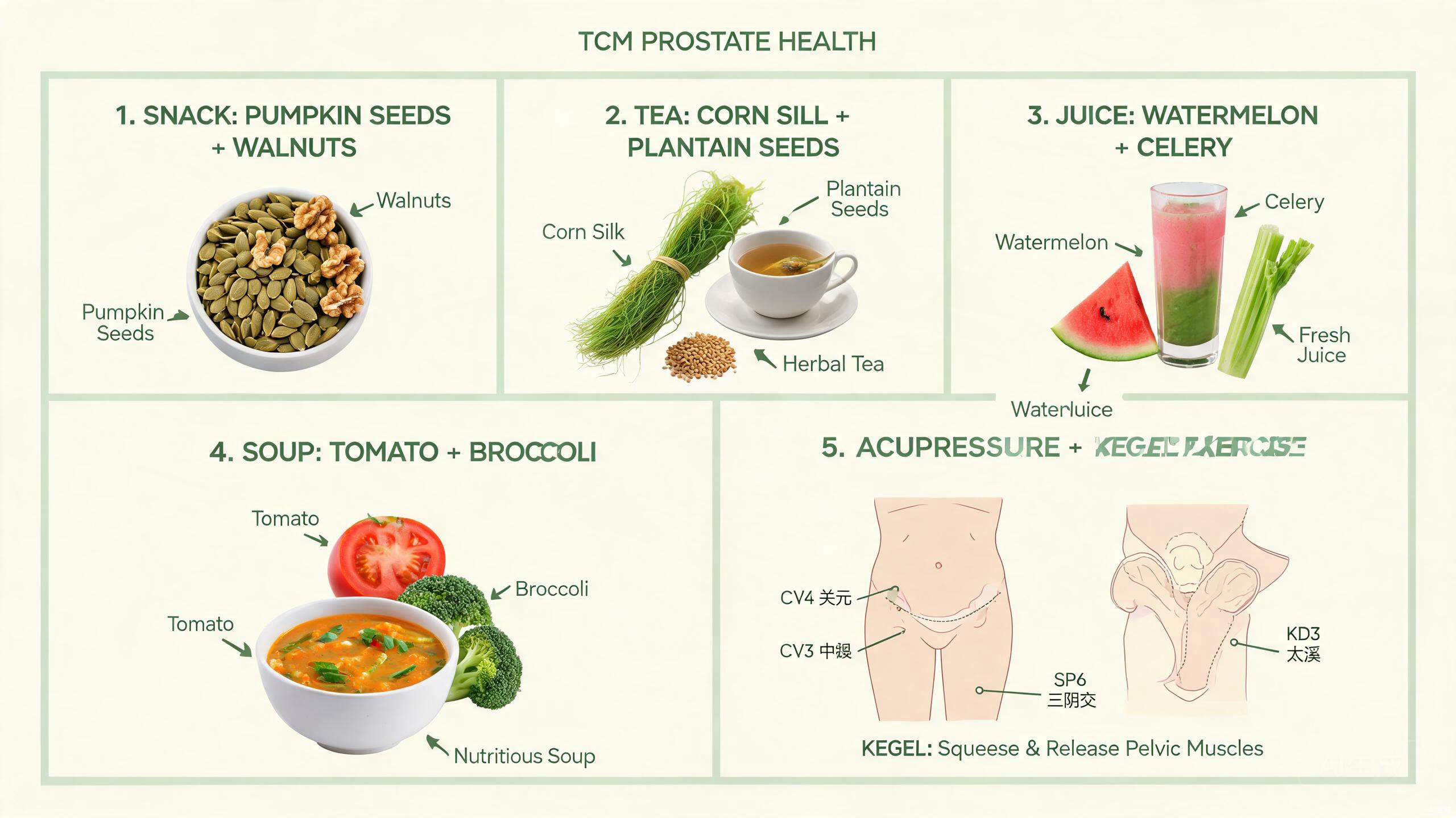 TCM food therapy ingredients for prostate health including winter melon, coix seed, dandelion, astragalus, Chinese yam, and goji berries arranged on a rustic wooden surface
