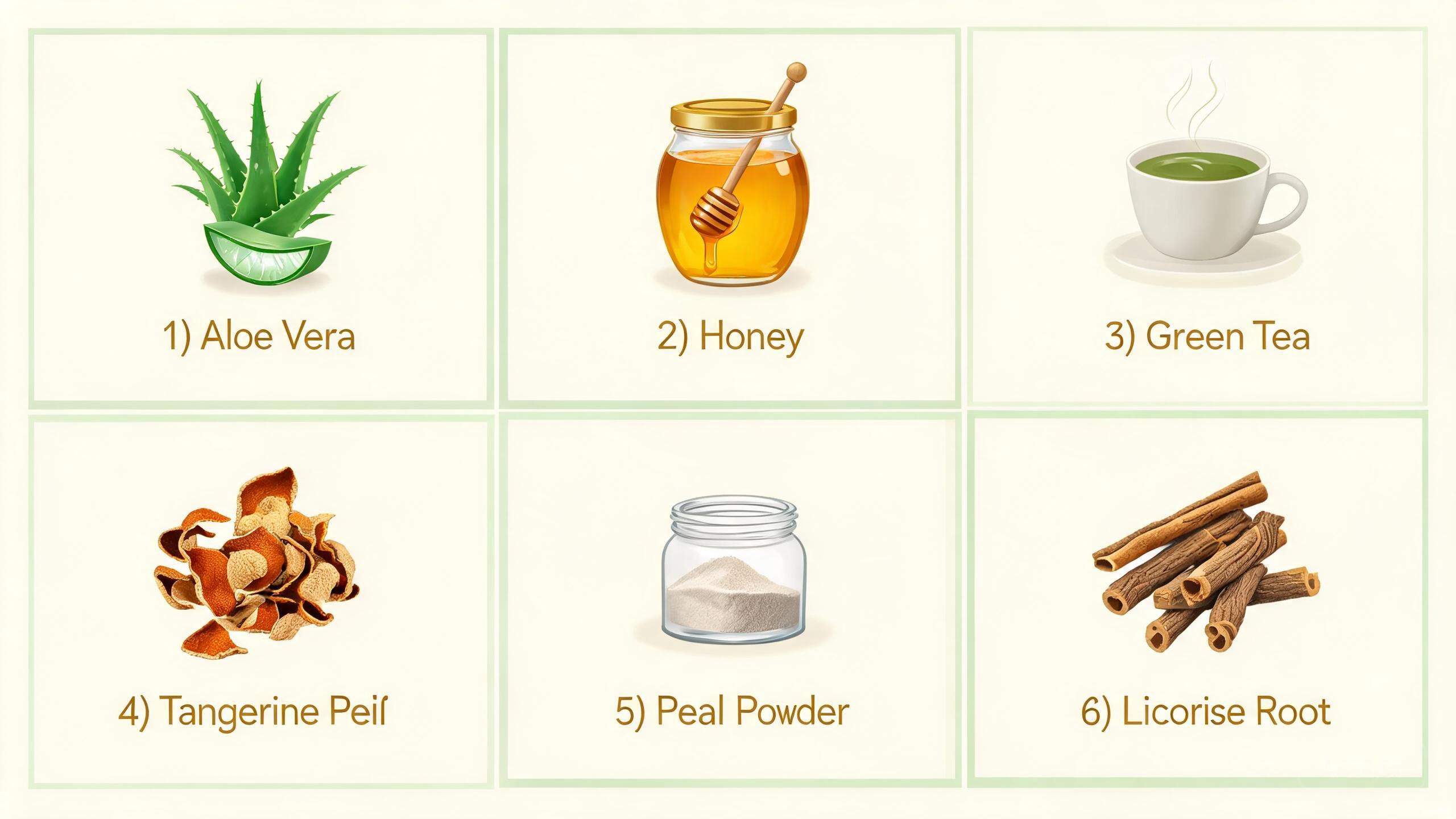 Five TCM natural approaches for scar and blemish reduction showing safflower, peach kernel, angelica, kiwi, and aloe vera with honey