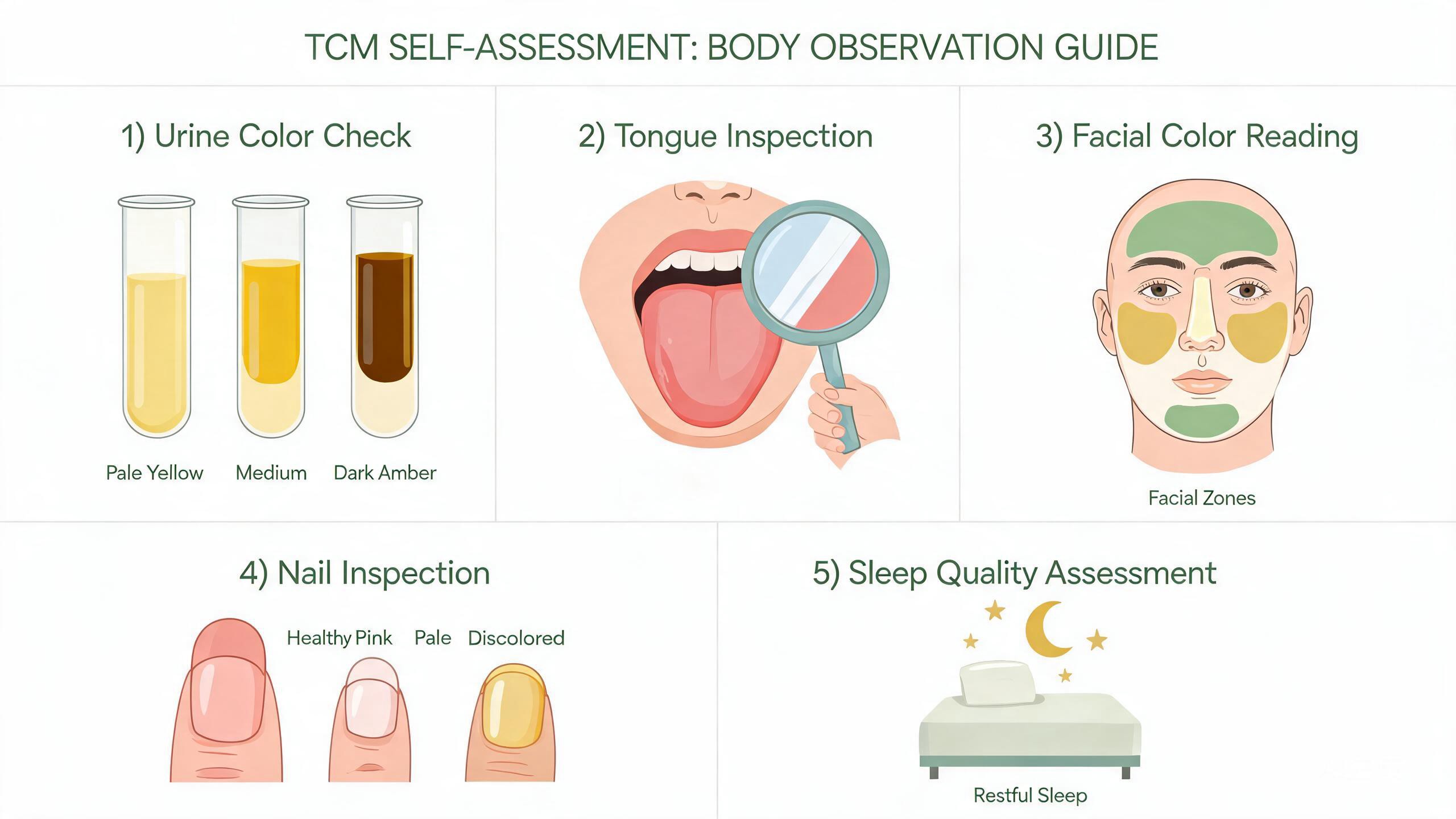 A person looking at their reflection in a mirror, examining their facial color and nails, with TCM observation tools like a natural light source and a notebook for tracking body signals
