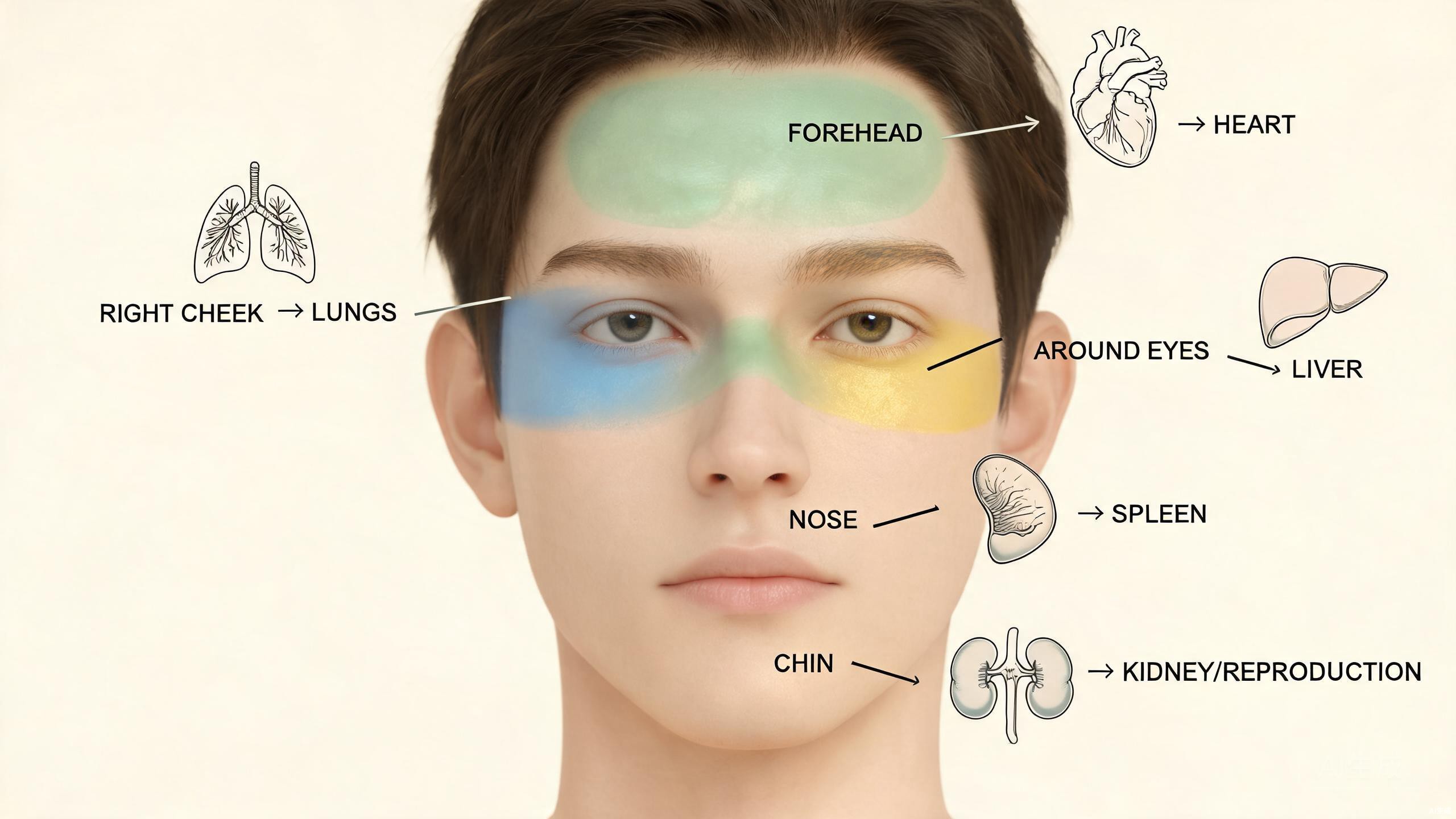 TCM face mapping diagram showing forehead-heart, cheeks-lungs, nose-spleen, chin-kidney correspondences for skin health