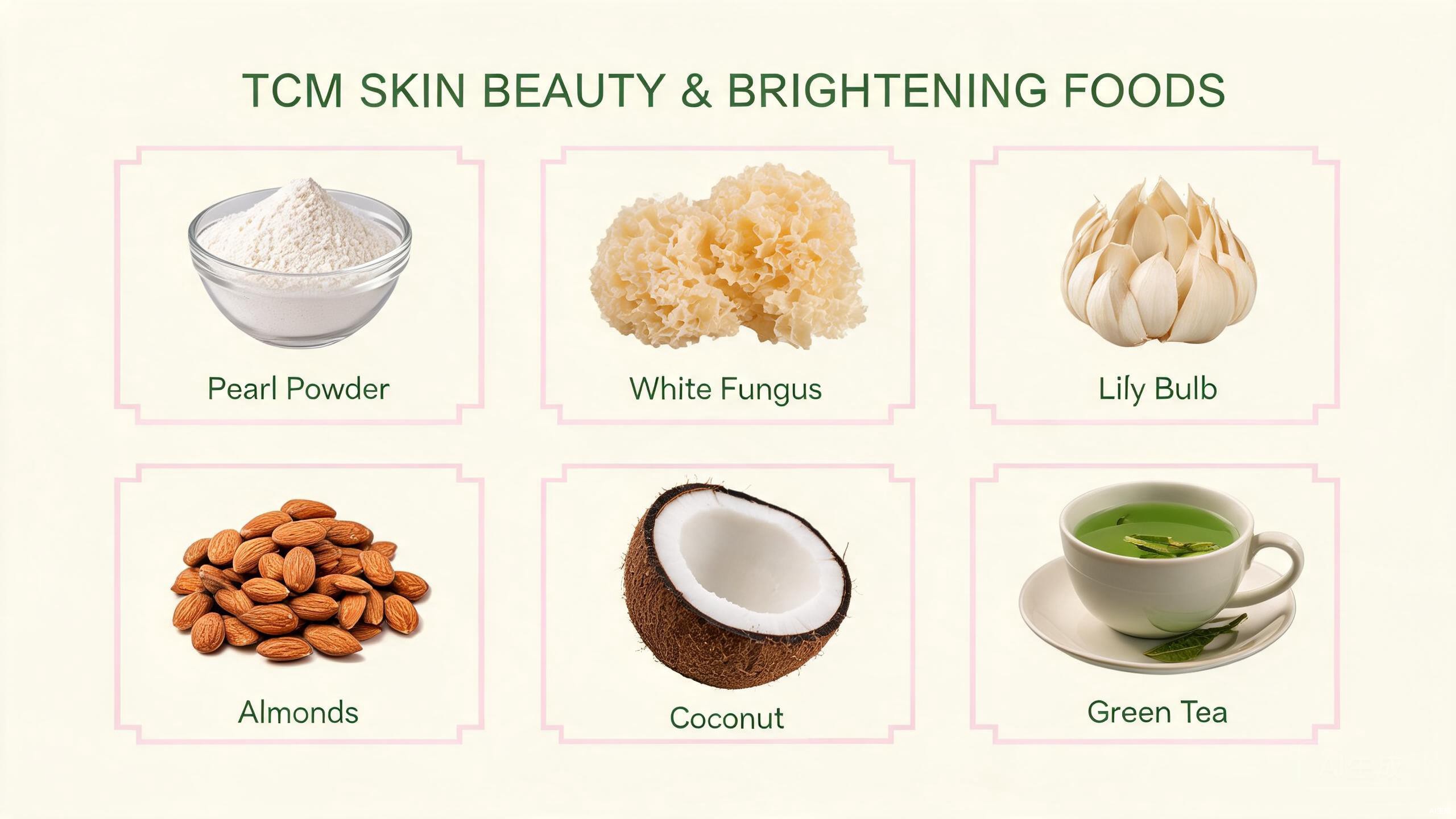 Five TCM natural foods for skin whitening and beauty showing white fungus, lily bulb, coix seed, green tea, and goji berries