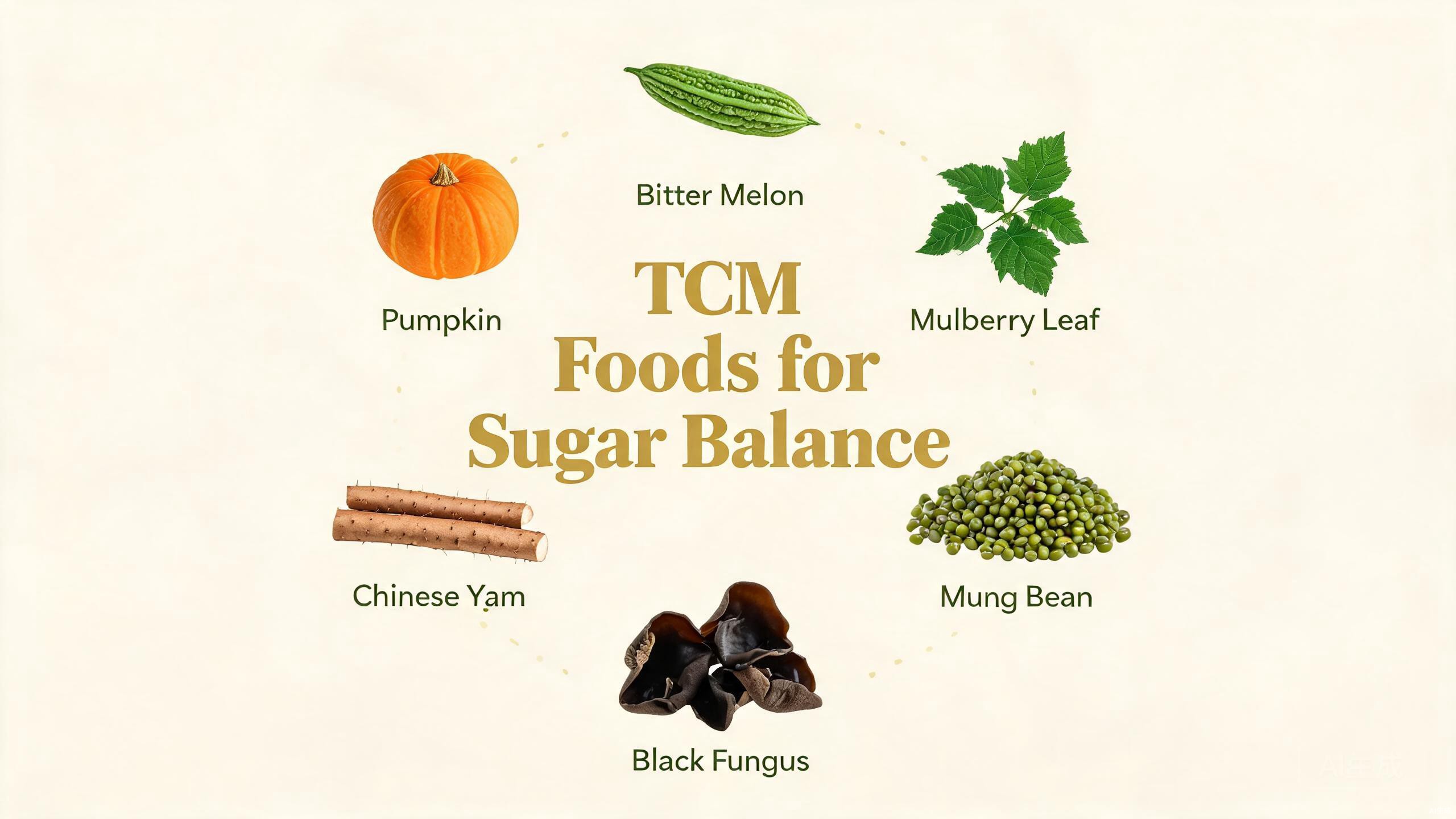 TCM sugar reduction ingredients arranged on a wooden surface: Chinese yam, goji berries, red dates, bitter melon, lotus plumule, hawthorn, smoked plum, and an ear acupressure chart
