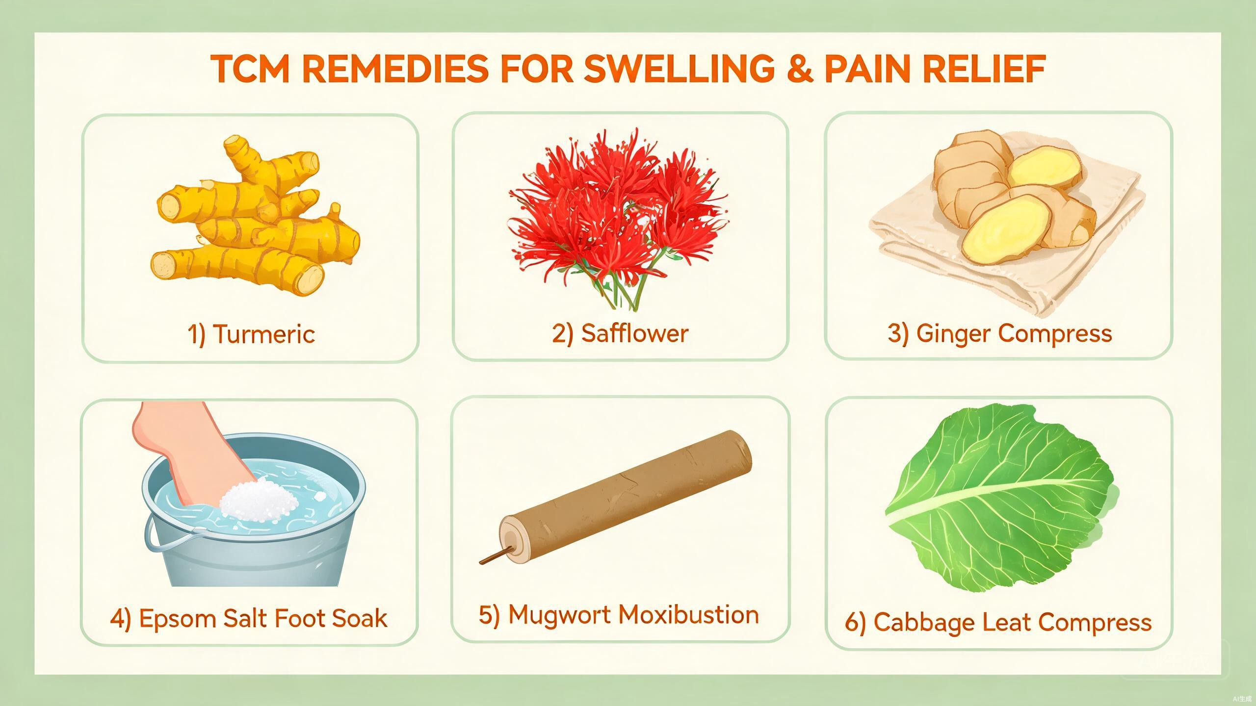 Five TCM natural foods and remedies for swelling and pain relief showing coix seed, winter melon, red beans, safflower tea, and ginger
