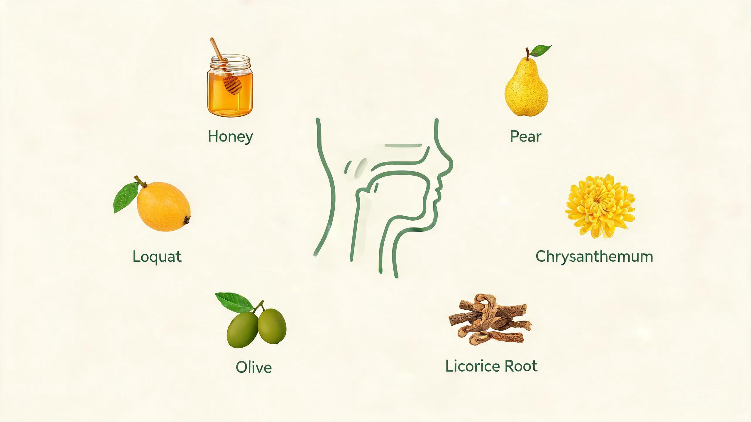 Five TCM throat care remedies showing pear with honey, licorice root, monk fruit, tangerine peel, and honey ginger tea