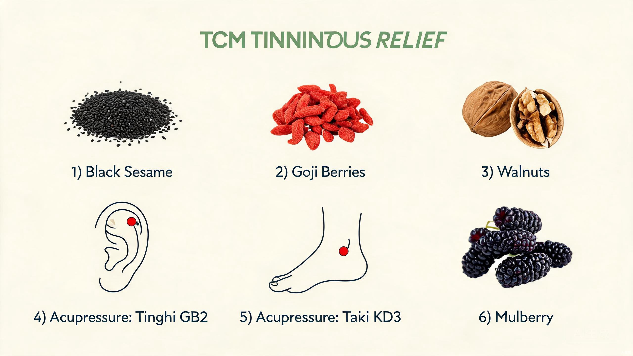 TCM ingredients for tinnitus support including black beans, walnuts, goji berries, chrysanthemum flowers, and black sesame arranged on a wooden surface